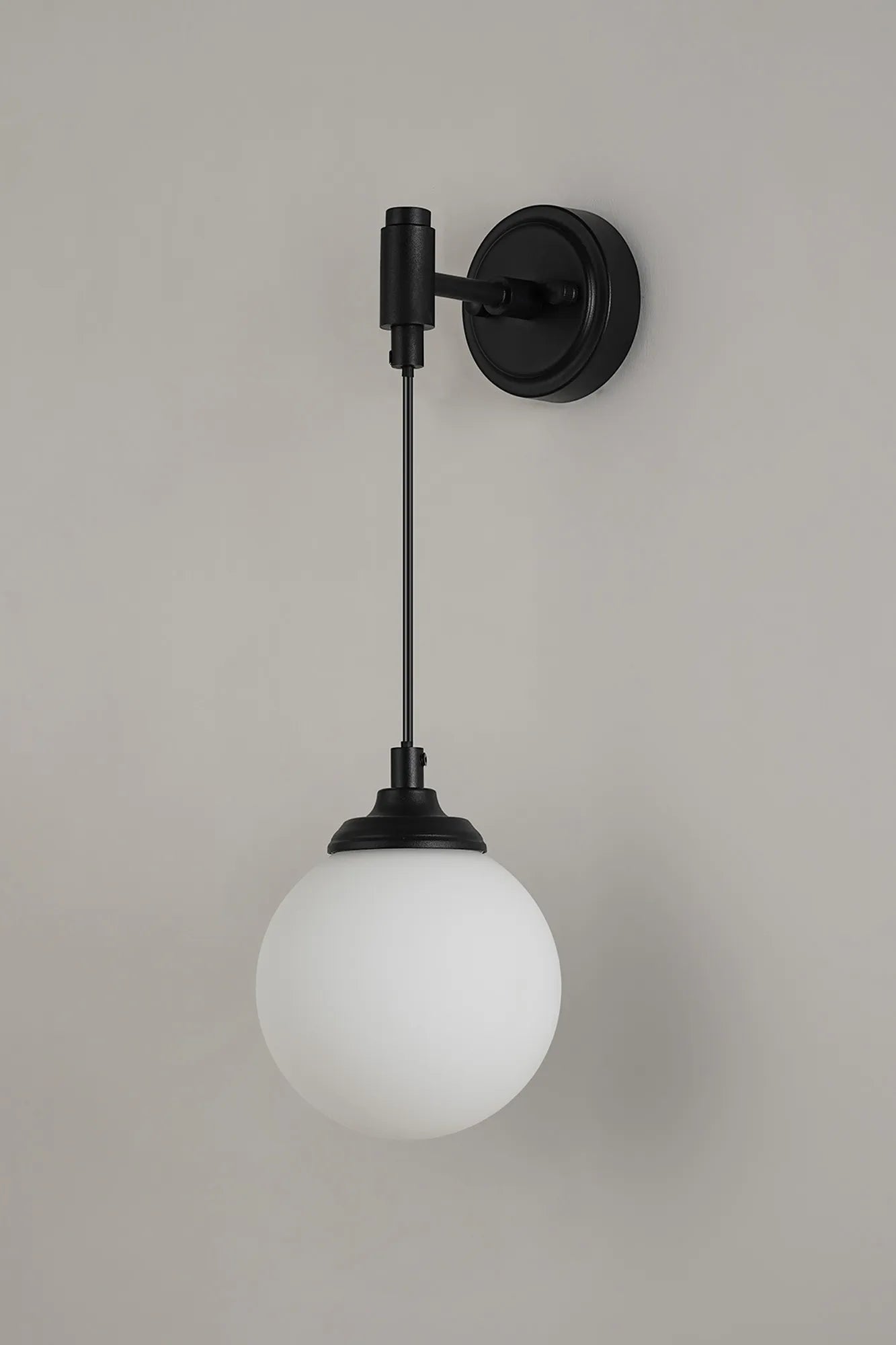 Dene Adjustable Single Wall Light IP44 - Satin Black & Opal Smooth Round Glass