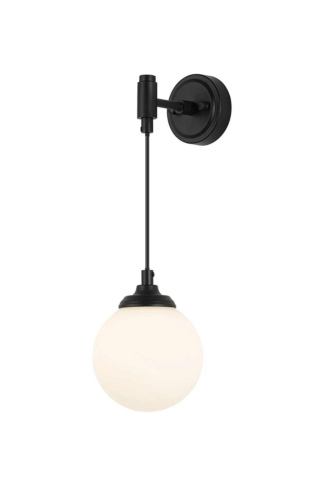 Dene Adjustable Single Wall Light IP44 - Satin Black & Opal Smooth Round Glass