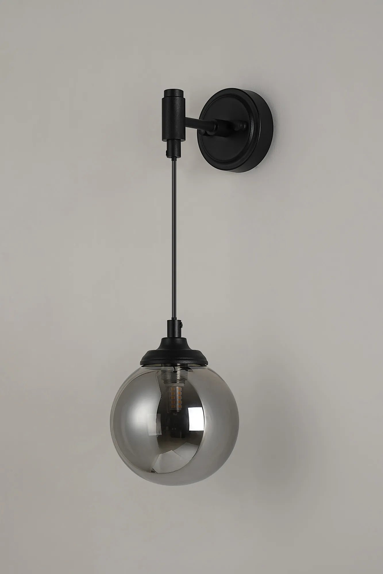 Dene Adjustable Single Wall Light IP44 - Satin Black & Smoke Smooth Round Glass