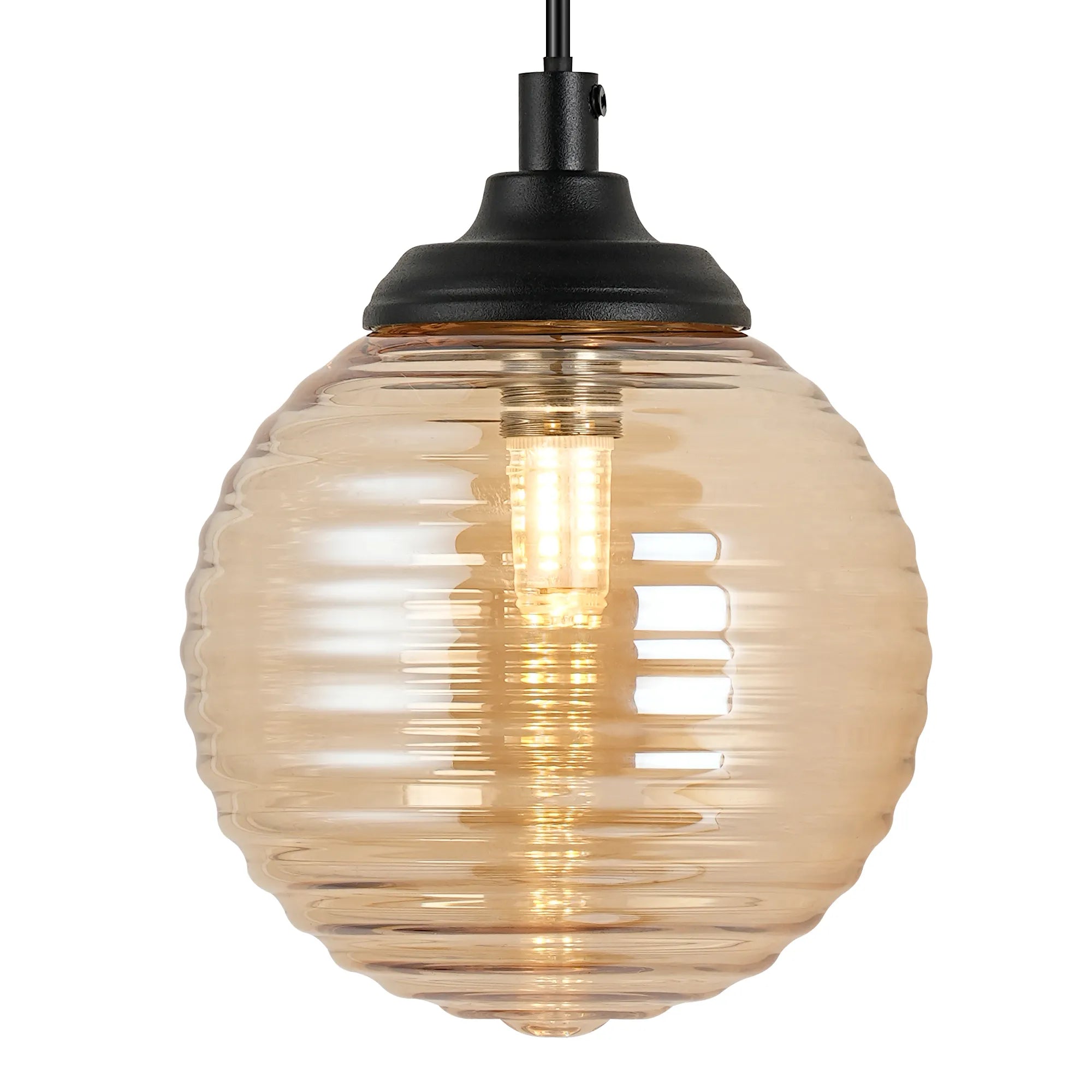 Dene Adjustable Single Wall Light IP44 - Satin Black & Amber Ribbed Round Glass