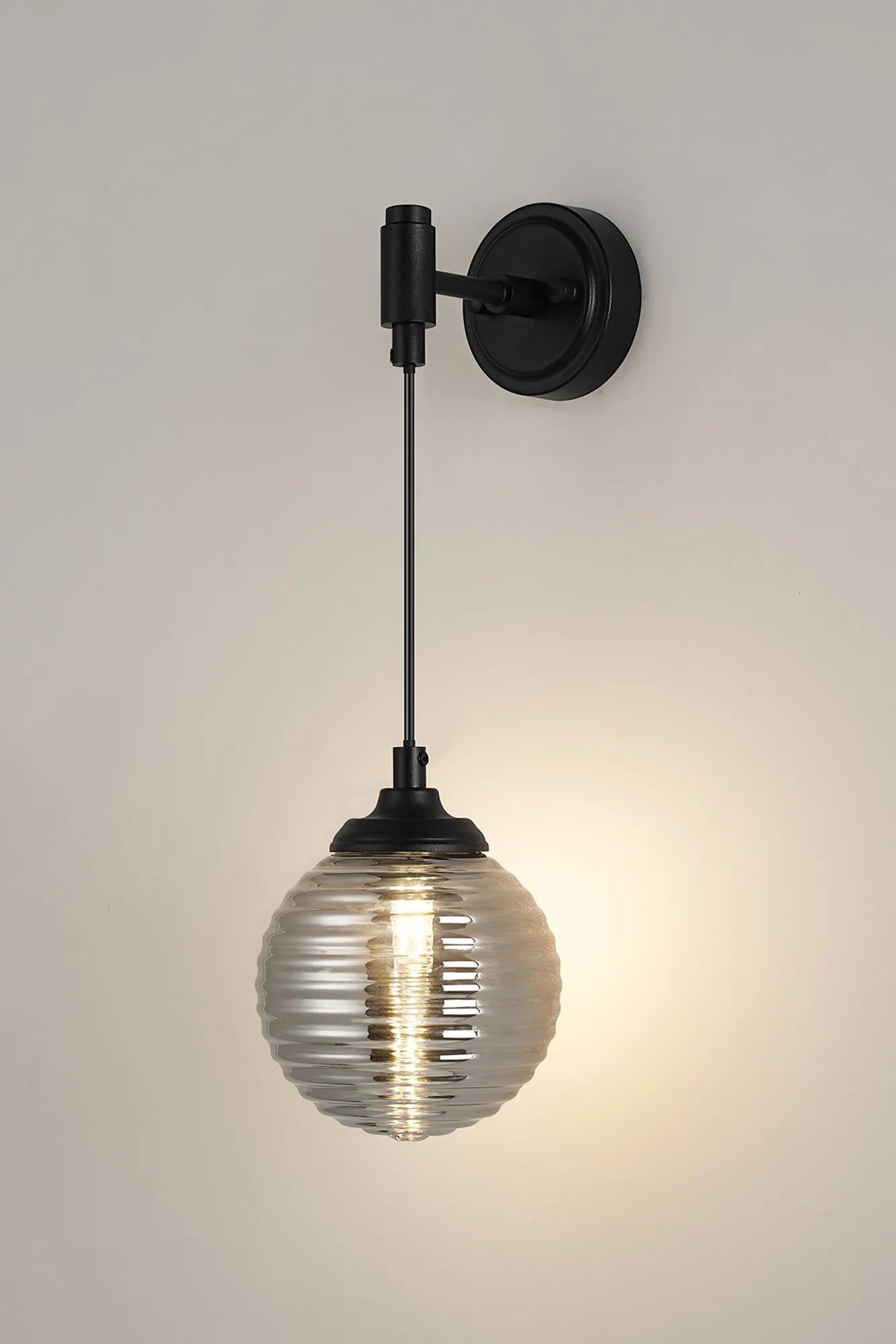 Dene Adjustable Single Wall Light IP44 - Satin Black & Smoke Ribbed Round Glass