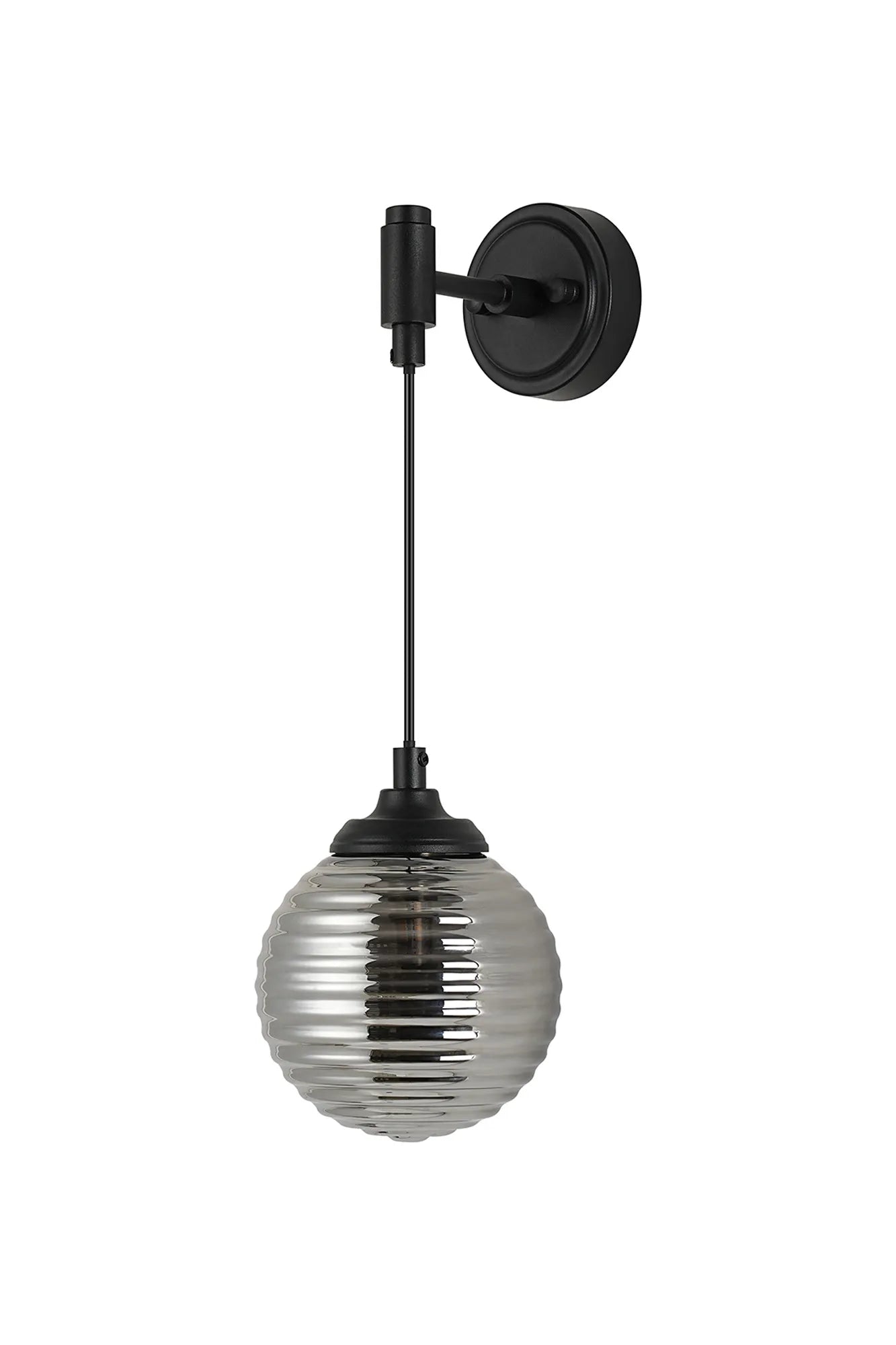 Dene Adjustable Single Wall Light IP44 - Satin Black & Smoke Ribbed Round Glass