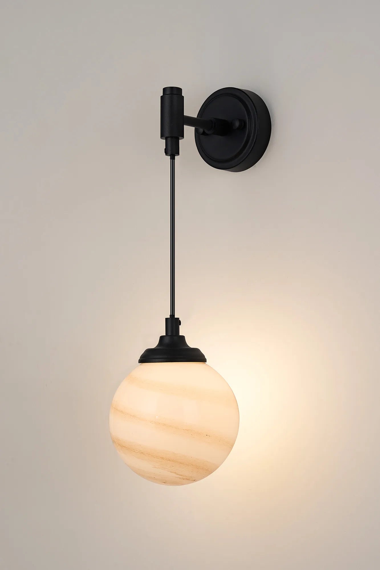 Dene Adjustable Single Wall Light IP44 - Satin Black & Brown & White Round Marble Effect Glass
