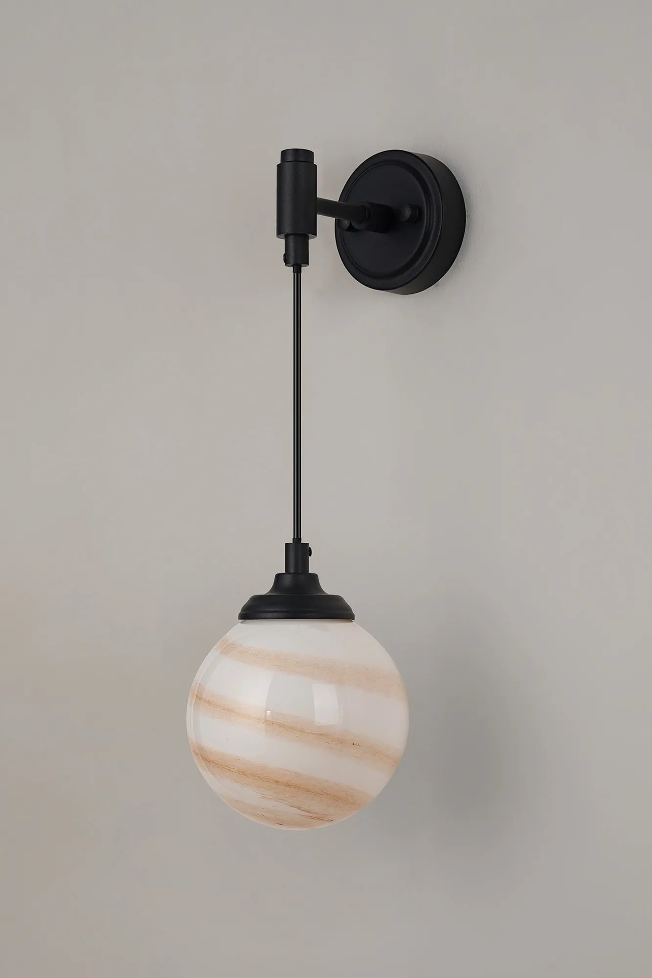 Dene Adjustable Single Wall Light IP44 - Satin Black & Brown & White Round Marble Effect Glass