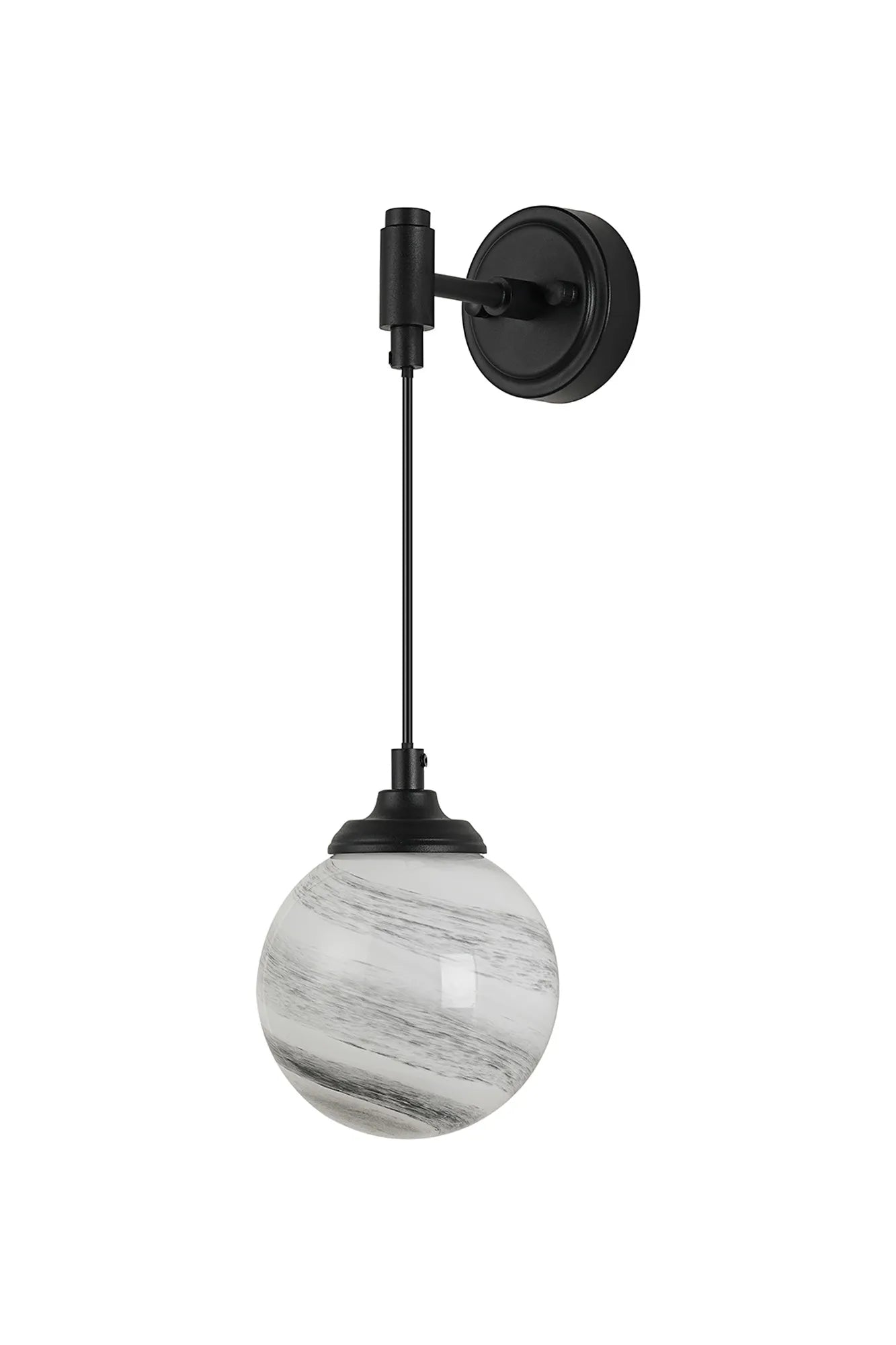 Dene Adjustable Single Wall Light IP44 - Satin Black & Grey & White Round Marble Effect Glass