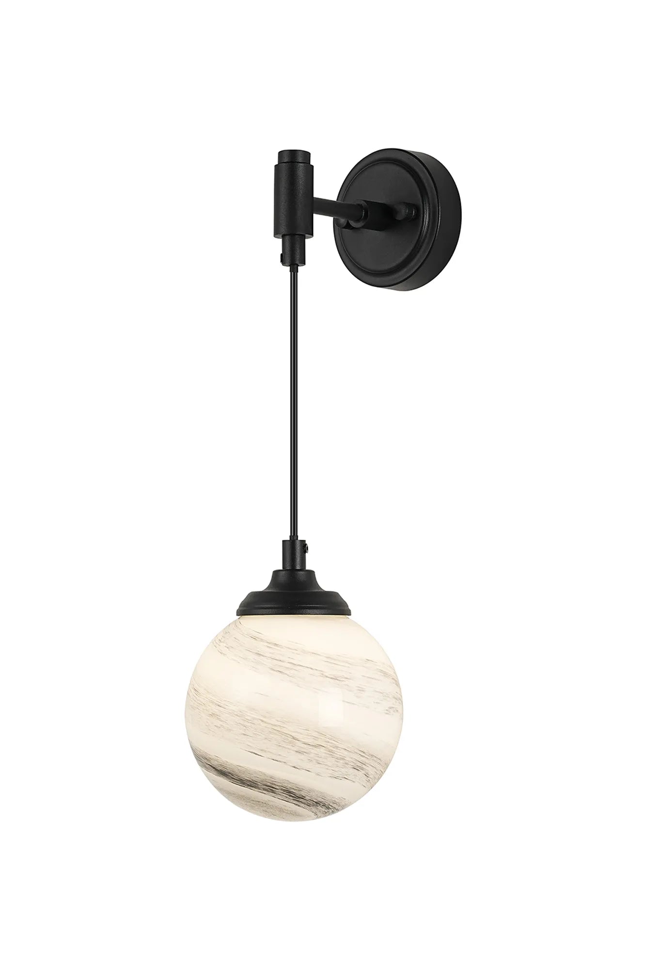 Dene Adjustable Single Wall Light IP44 - Satin Black & Grey & White Round Marble Effect Glass