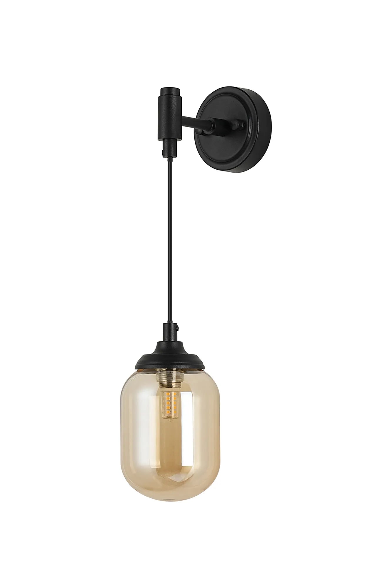 Dene Adjustable Single Wall Light IP44 - Satin Black & Amber Smooth Tubular Glass