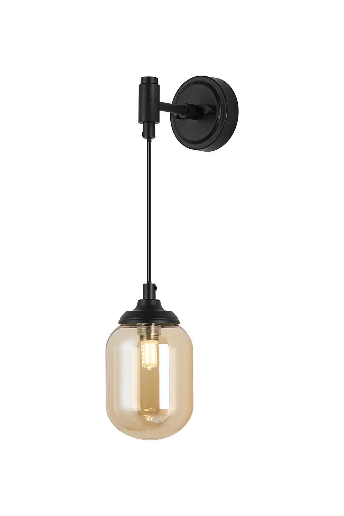 Dene Adjustable Single Wall Light IP44 - Satin Black & Amber Smooth Tubular Glass