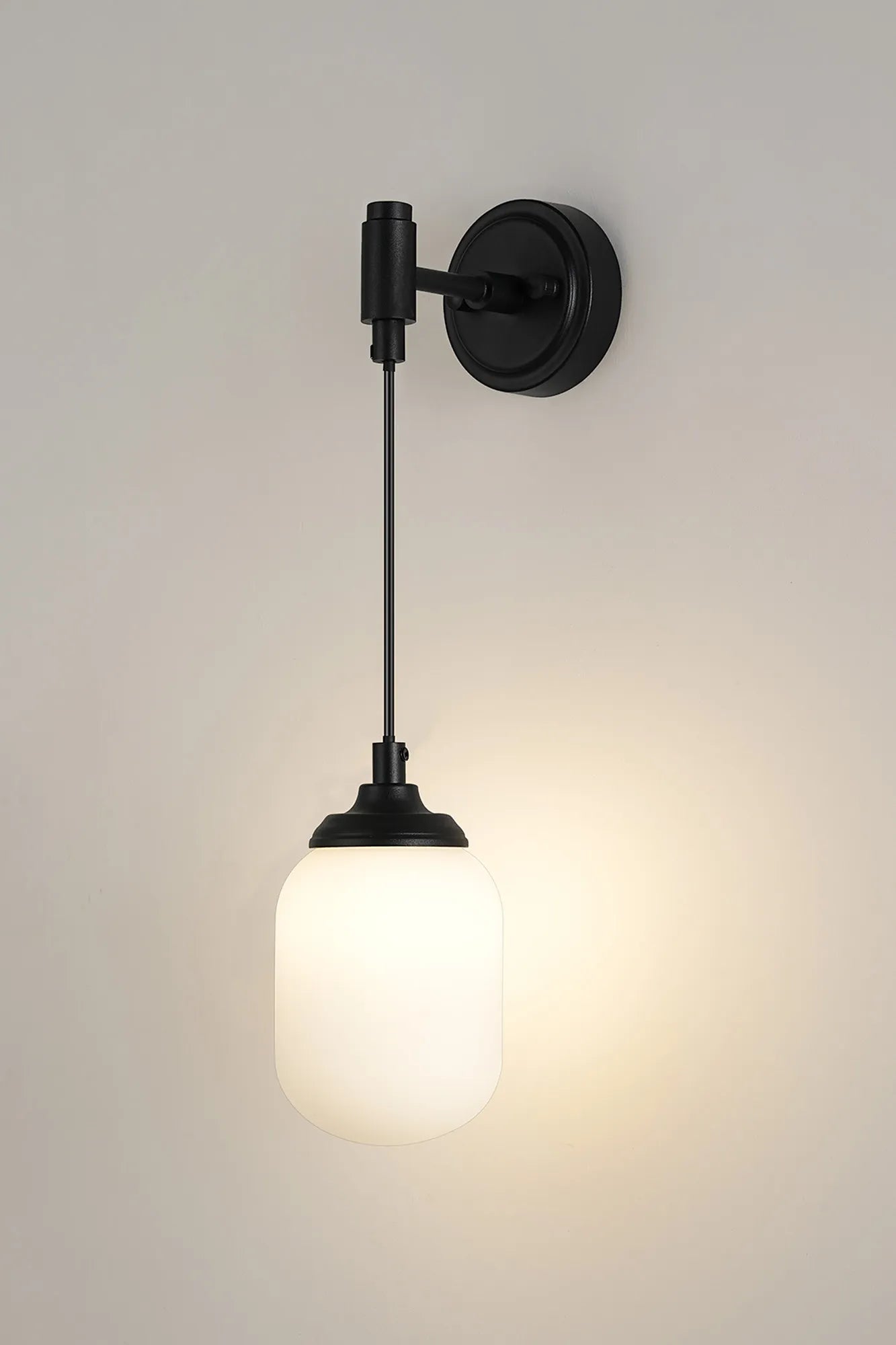 Dene Adjustable Single Wall Light IP44 - Satin Black & Opal Smooth Tubular Glass