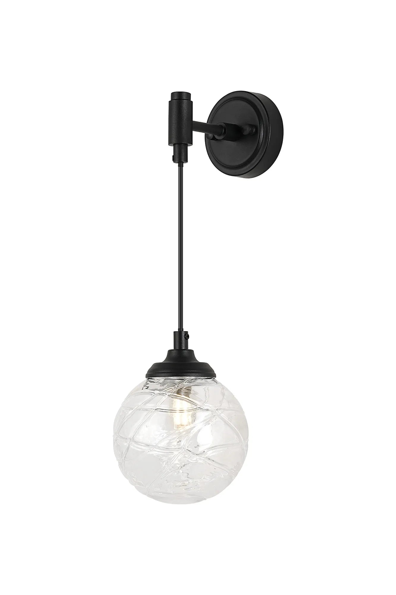Dene Adjustable Single Wall Light IP44 - Satin Black & Clear Dune Effect Round Glass