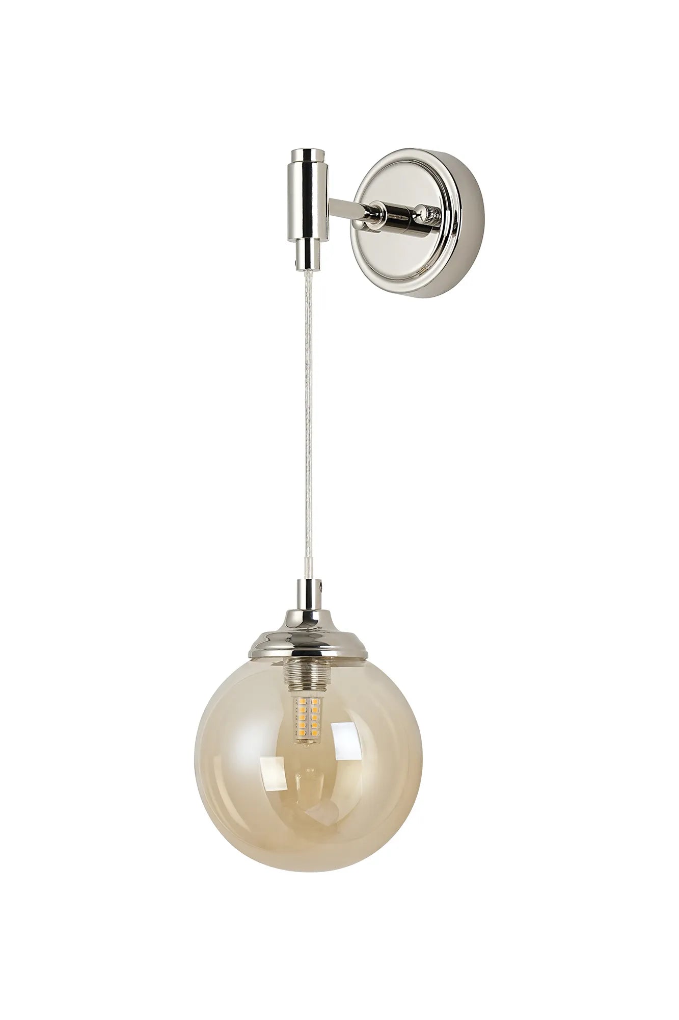 Dene Adjustable Single Wall Light IP44 - Polished Nickel & Amber Smooth Round Glass