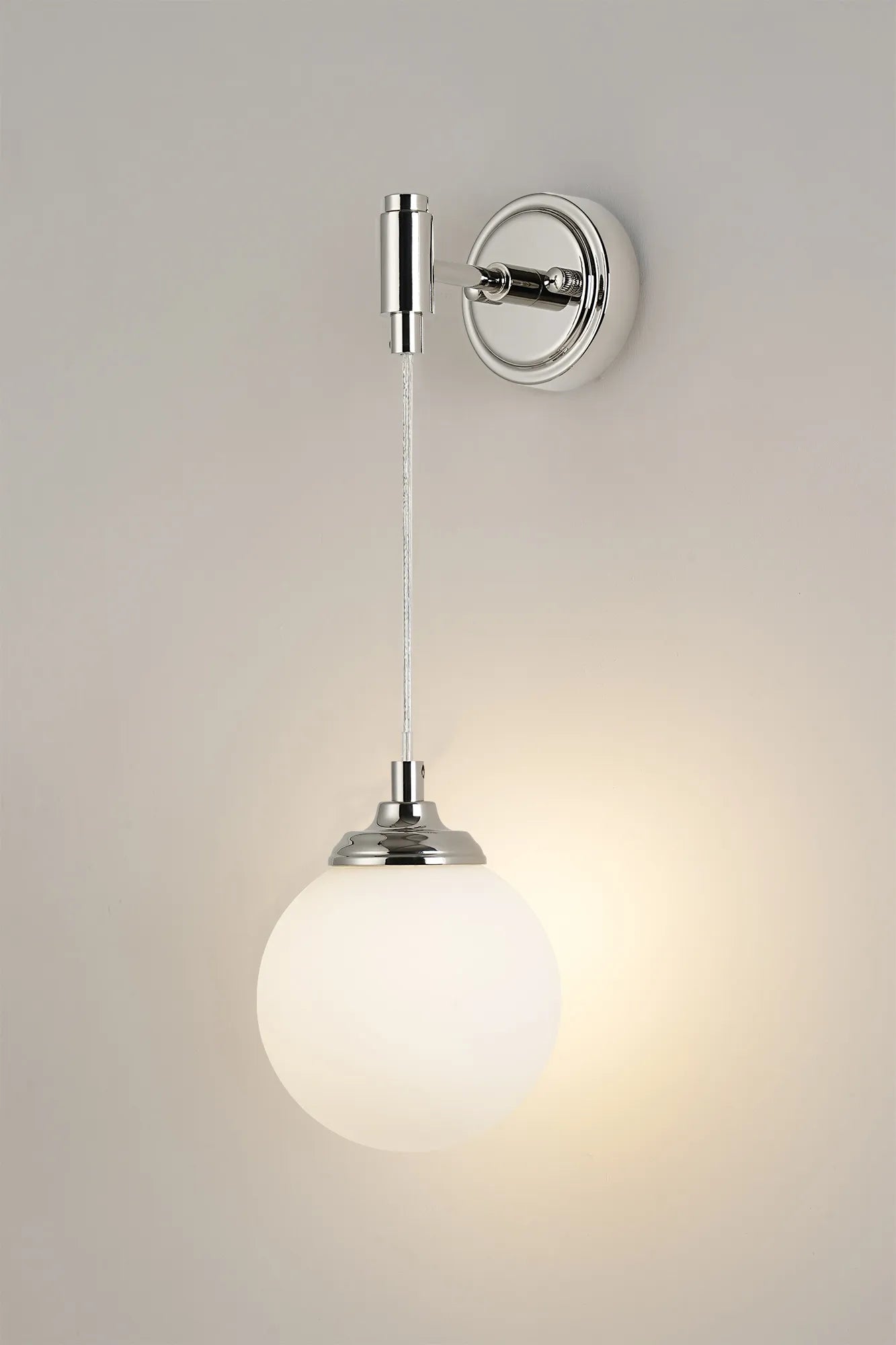 Dene Adjustable Single Wall Light IP44 - Polished Nickel & Opal Smooth Round Glass