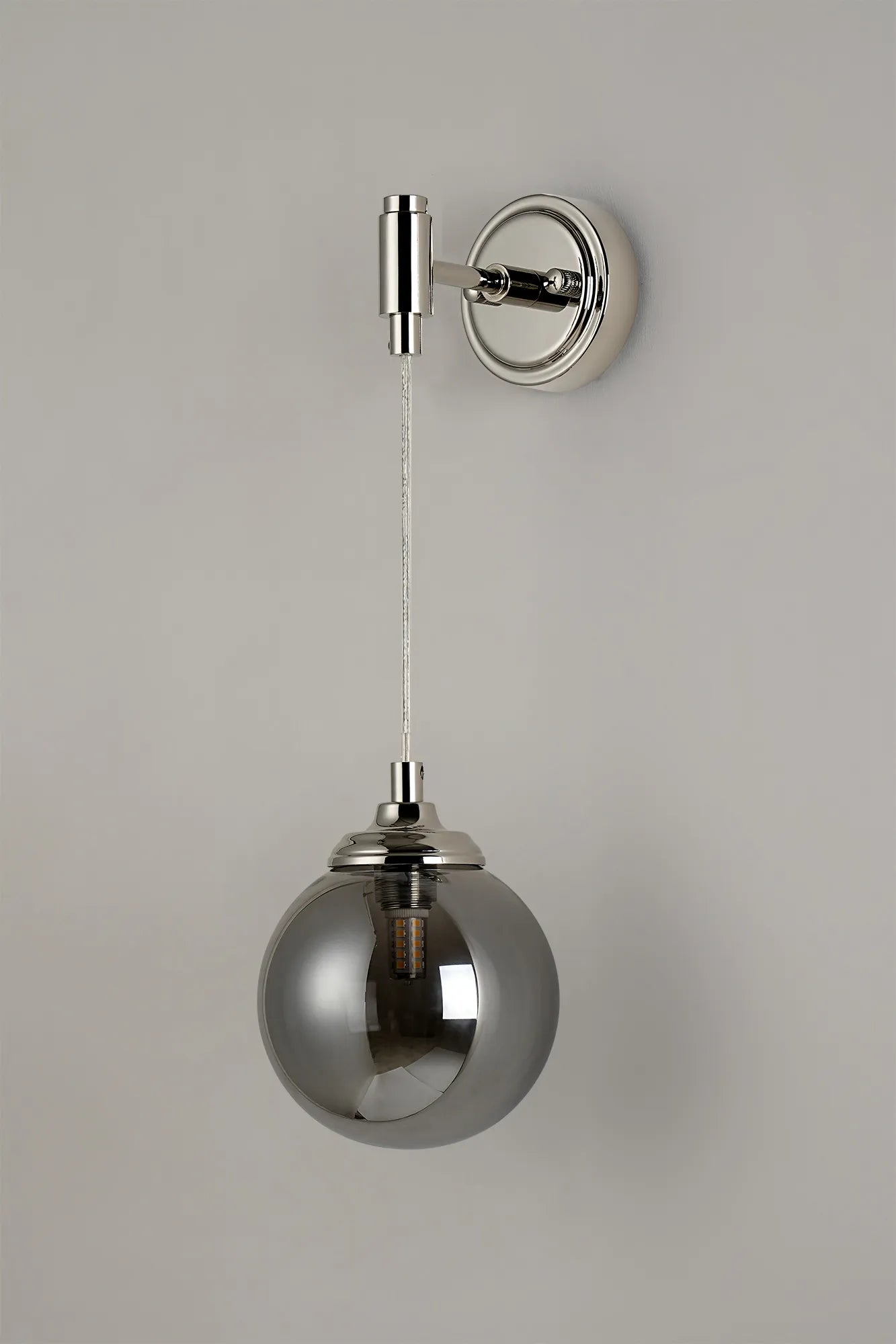 Dene Adjustable Single Wall Light IP44 - Polished Nickel & Smoke Smooth Round Glass