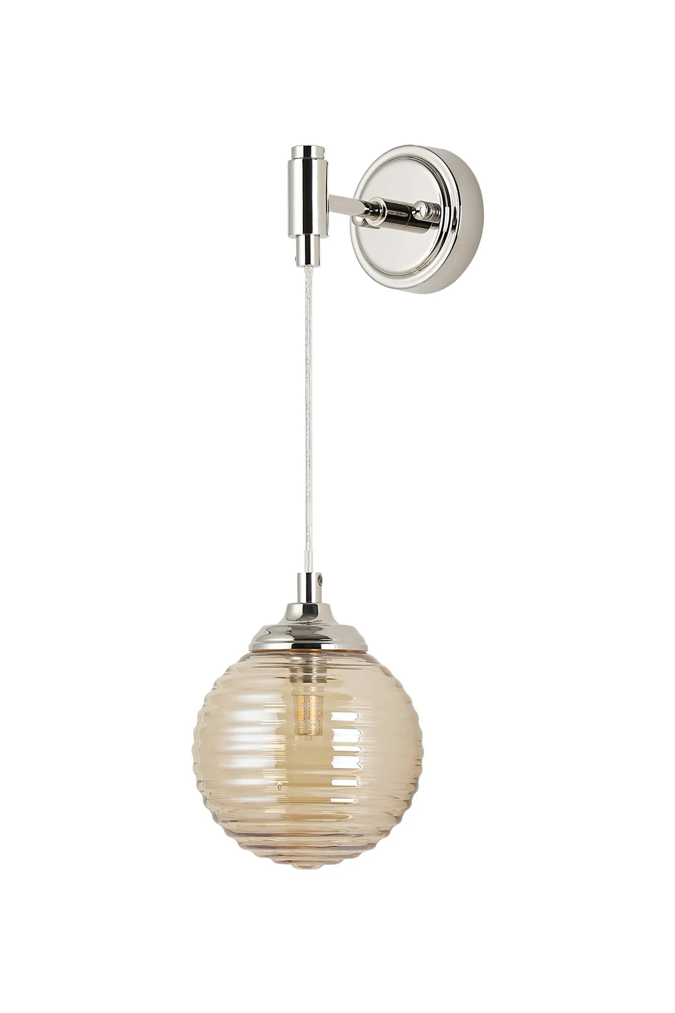 Dene Adjustable Single Wall Light IP44 - Polished Nickel & Amber Ribbed Round Glass