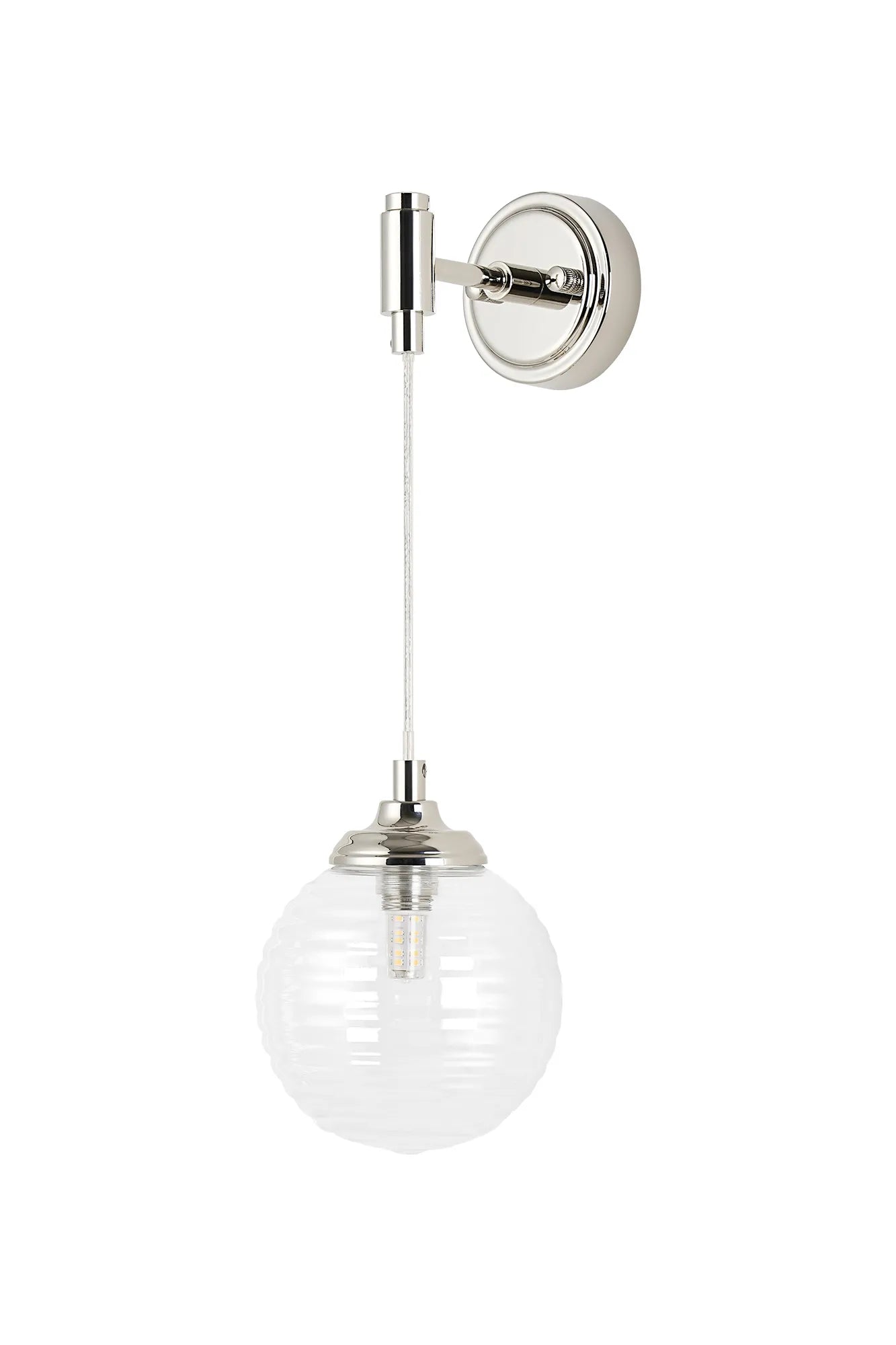 Dene Adjustable Single Wall Light IP44 - Polished Nickel & Clear Ribbed Round Glass