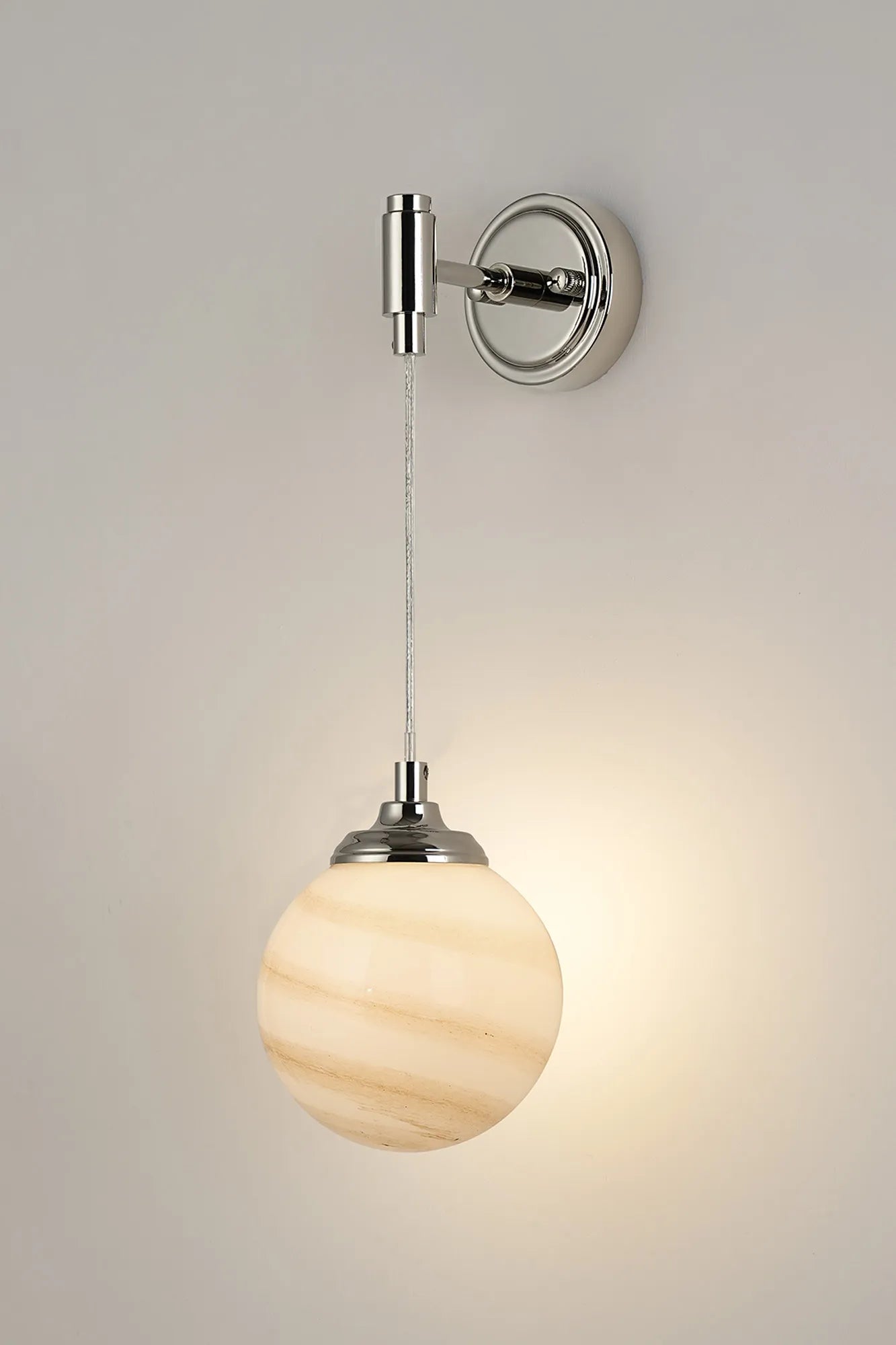 Dene Adjustable Single Wall Light IP44 - Polished Nickel & Brown & White Round Marble Effect Glass