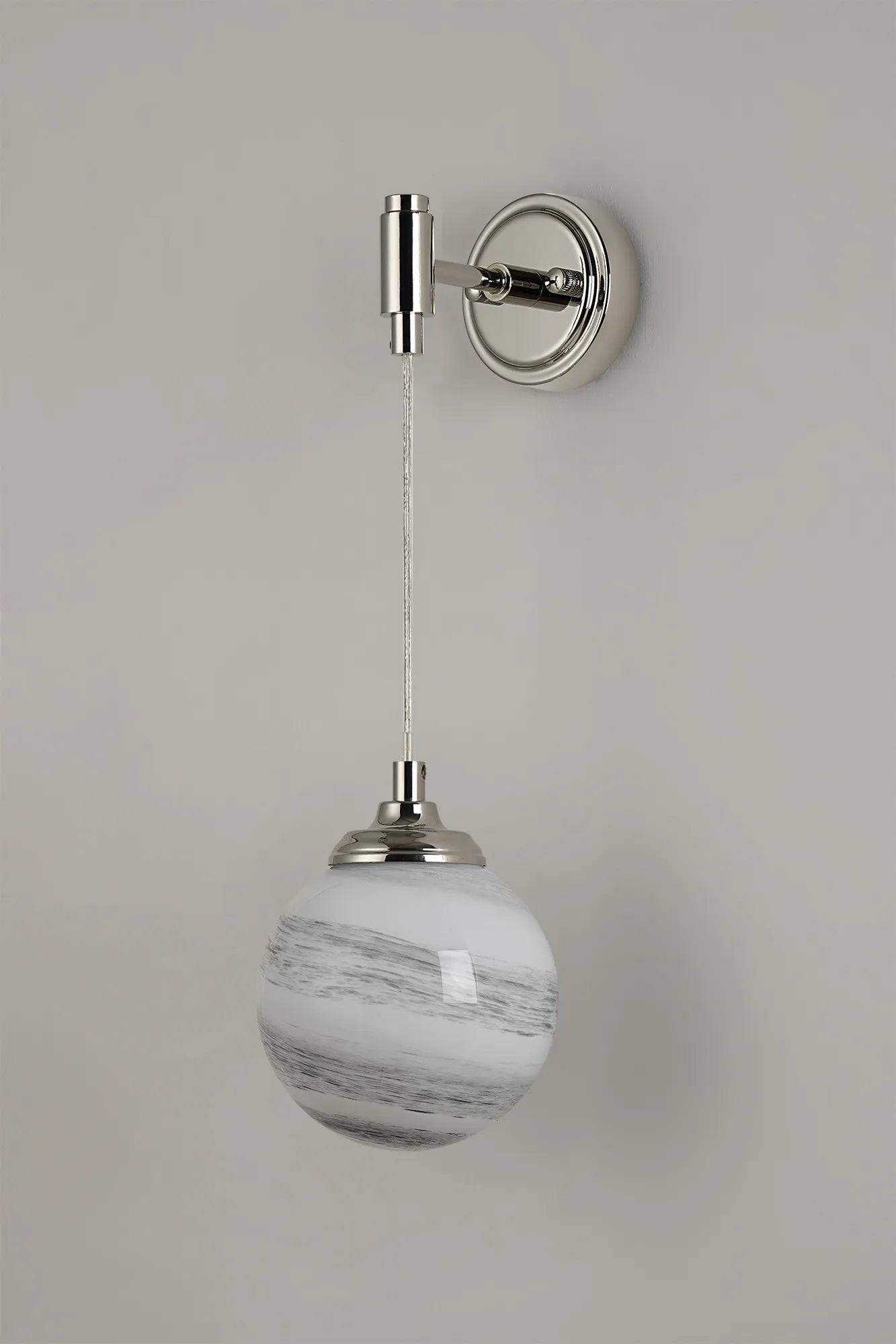 Dene Adjustable Single Wall Light IP44 - Polished Nickel & Grey & White Round Marble Effect Glass
