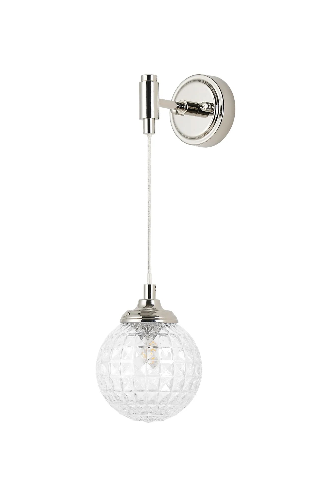 Dene Adjustable Single Wall Light IP44 - Polished Nickel & Clear Cross Pattern Round Glass
