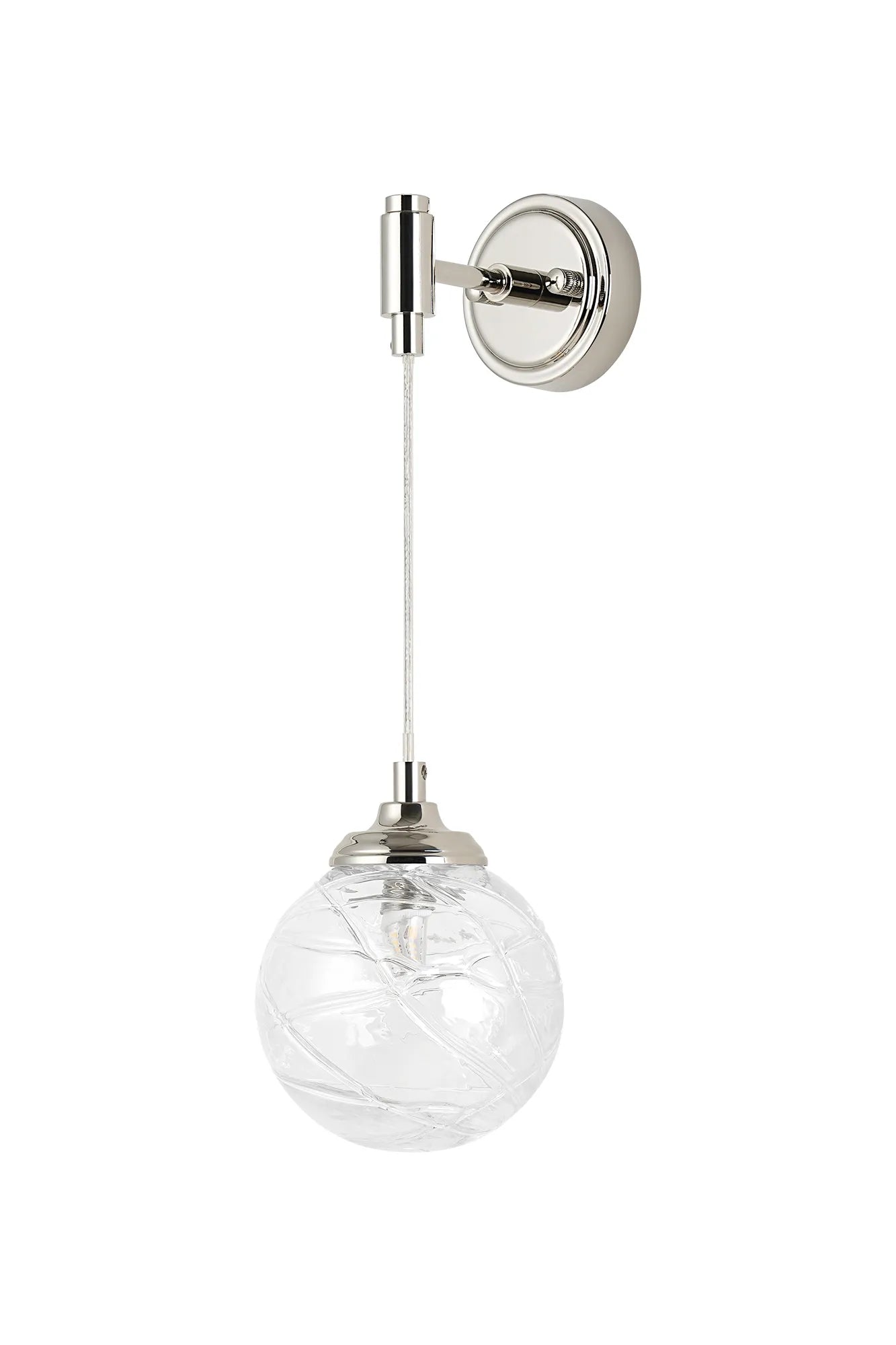 Dene Adjustable Single Wall Light IP44 - Polished Nickel & Clear Dune Effect Round Glass