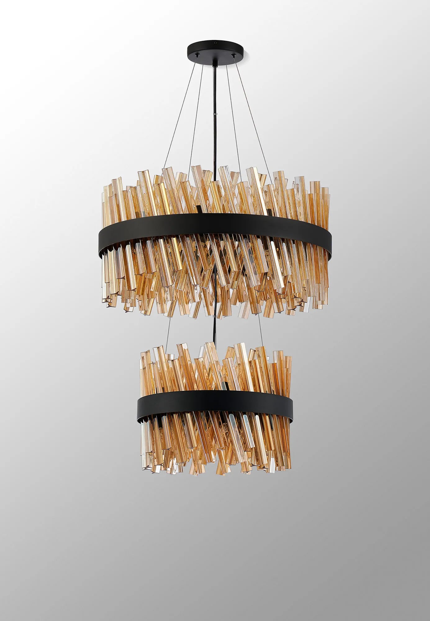 Farnley 2 Tier 60cm Pendant 18 Light - Satin Black & Amber