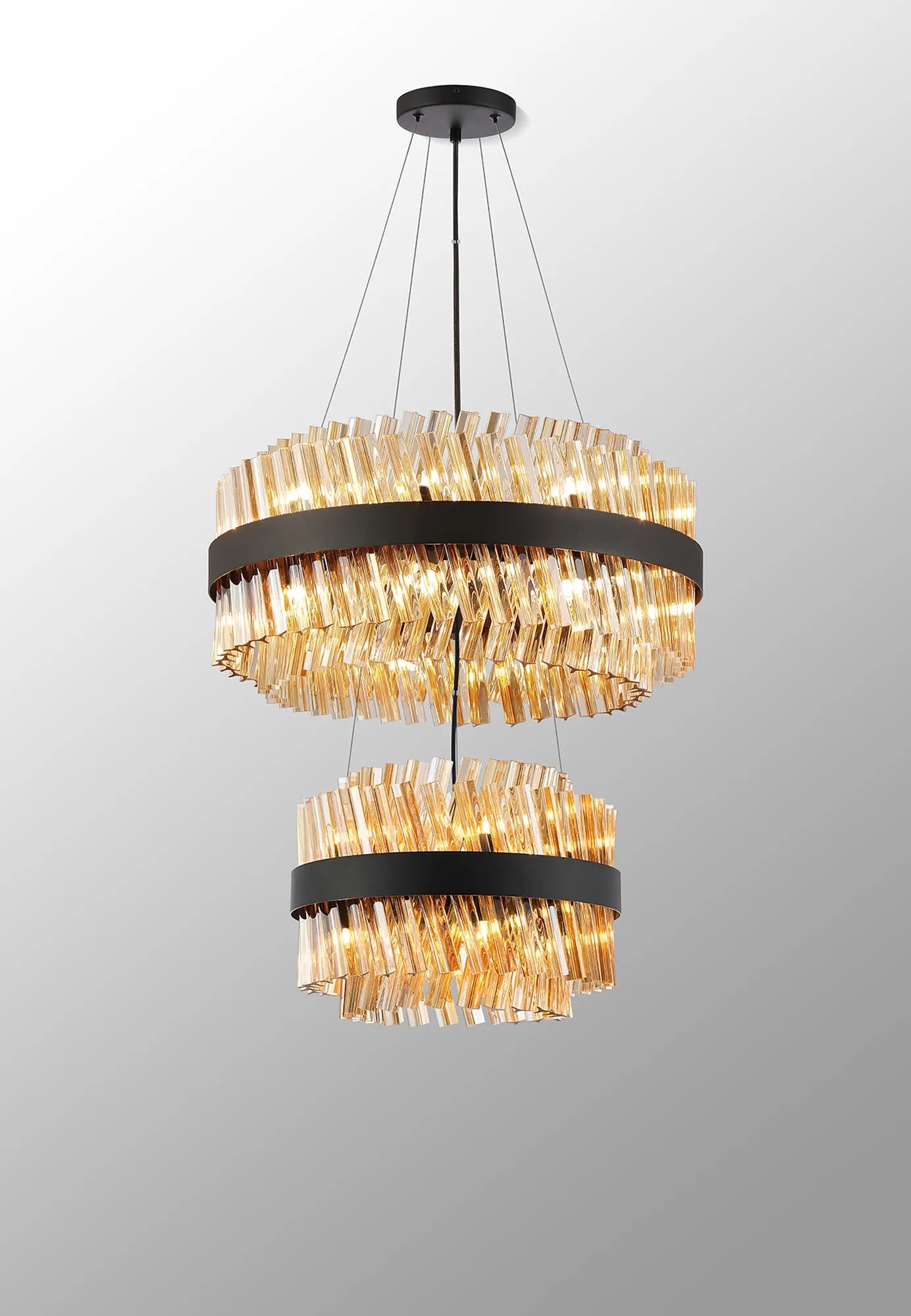 Farnley 2 Tier 60cm Pendant 18 Light - Satin Black & Amber