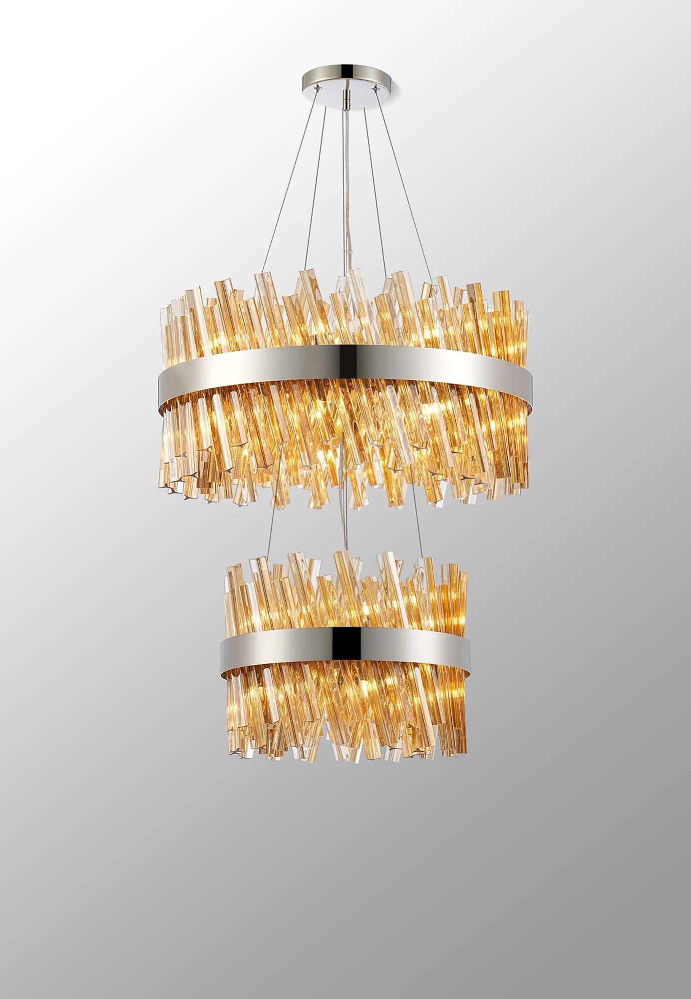 Farnley 2 Tier 60cm Pendant 18 Light - Polished Nickel & Amber