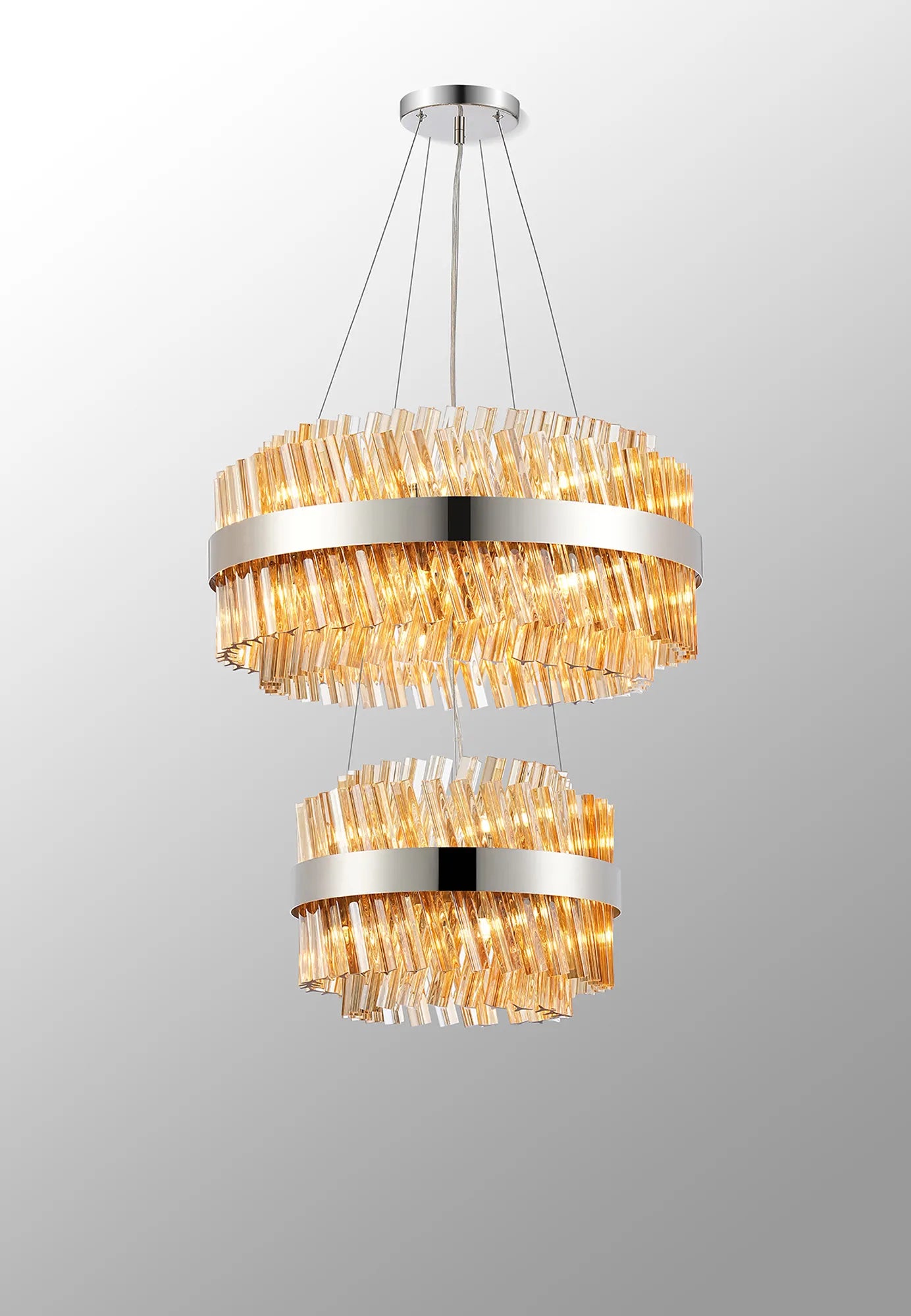 Farnley 2 Tier 60cm Pendant 18 Light - Polished Nickel & Amber