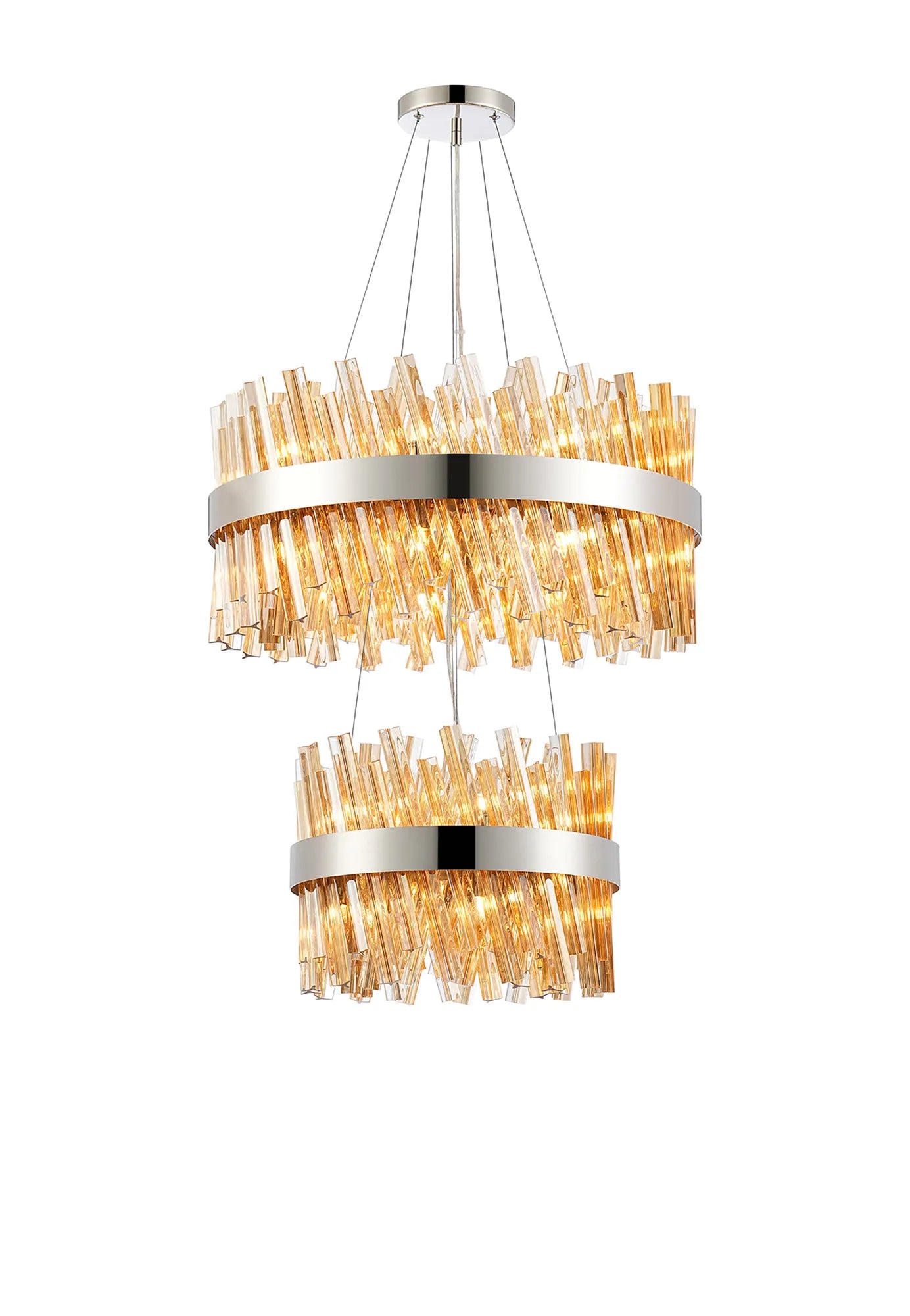 Farnley 2 Tier 60cm Pendant 18 Light - Polished Nickel & Amber