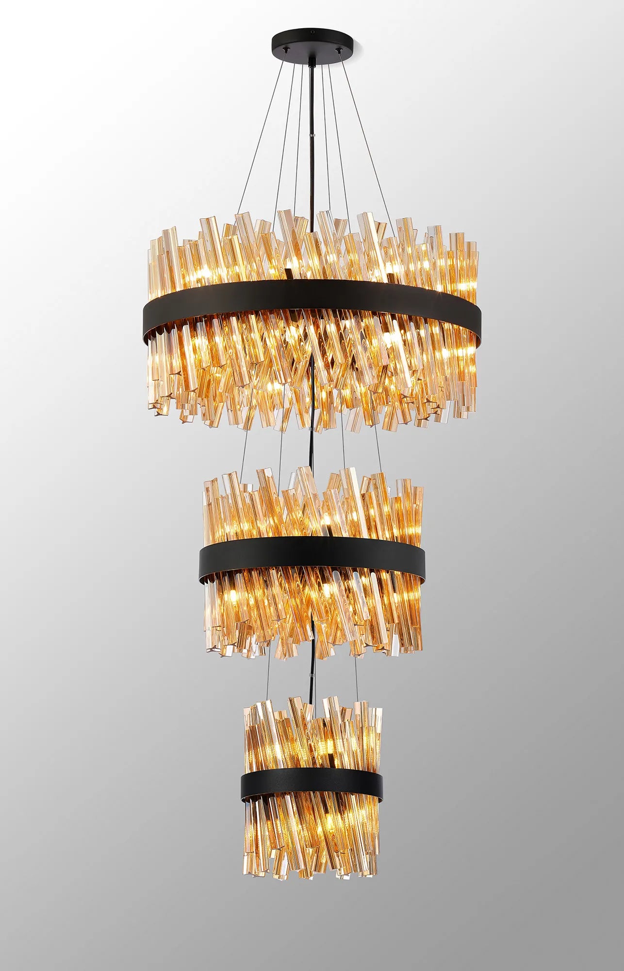 Farnley 3 Tier 60cm Pendant 18 Light - Satin Black & Amber
