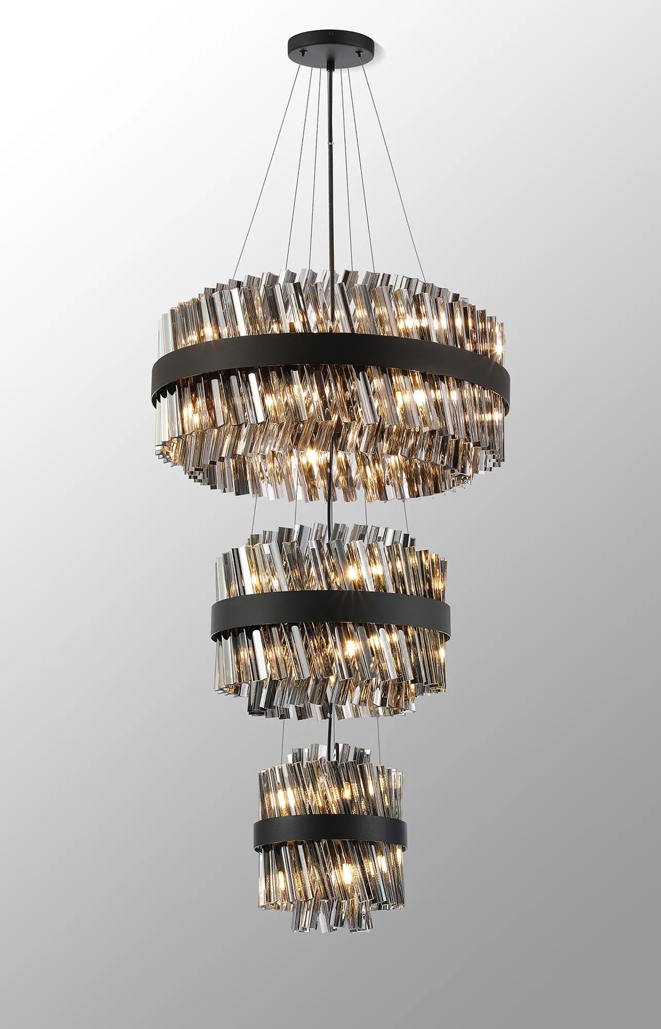 Farnley 3 Tier 60cm Pendant 18 Light - Satin Black & Smoke