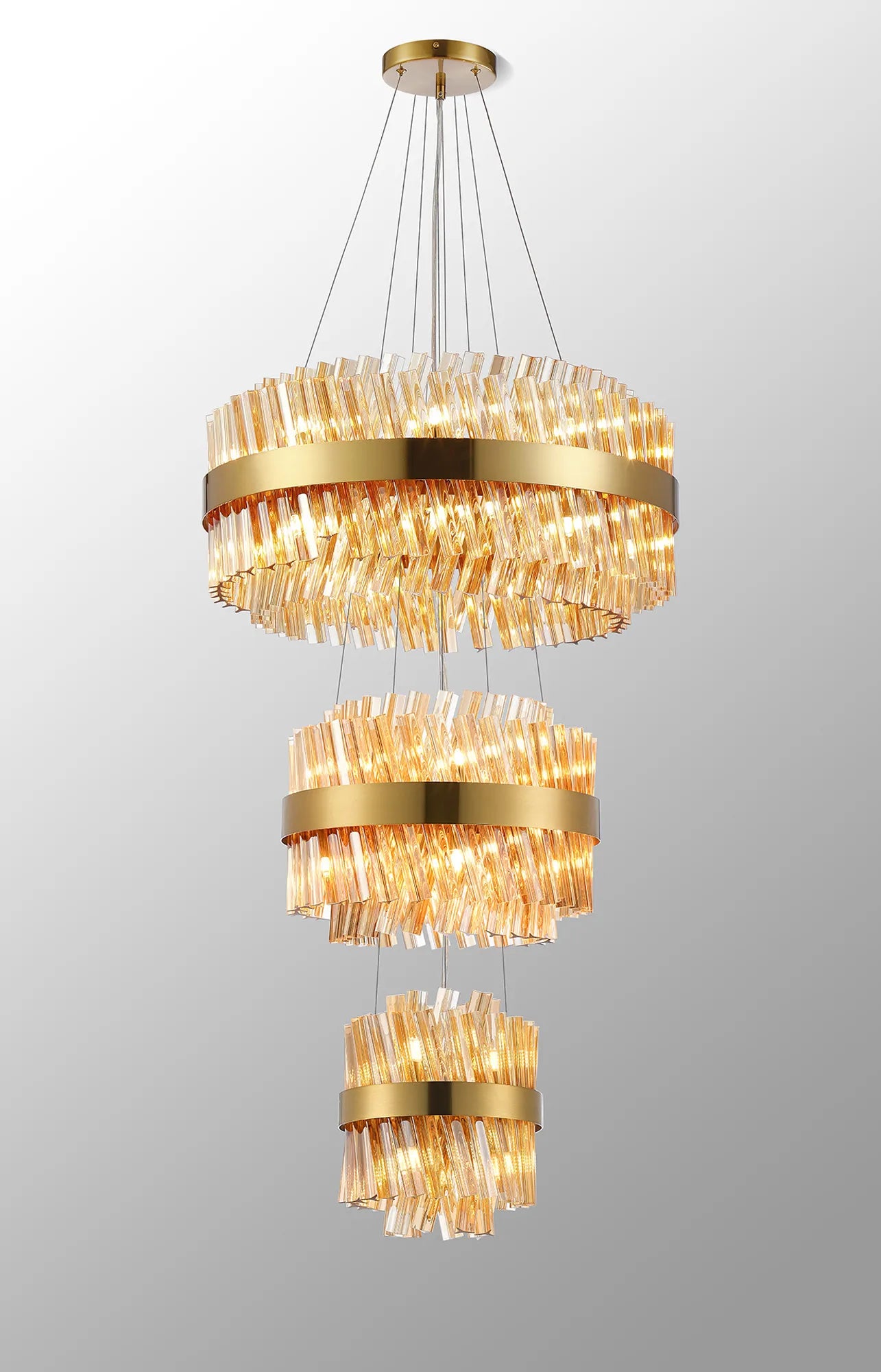 Farnley 3 Tier 60cm Pendant 18 Light - Brass & Amber