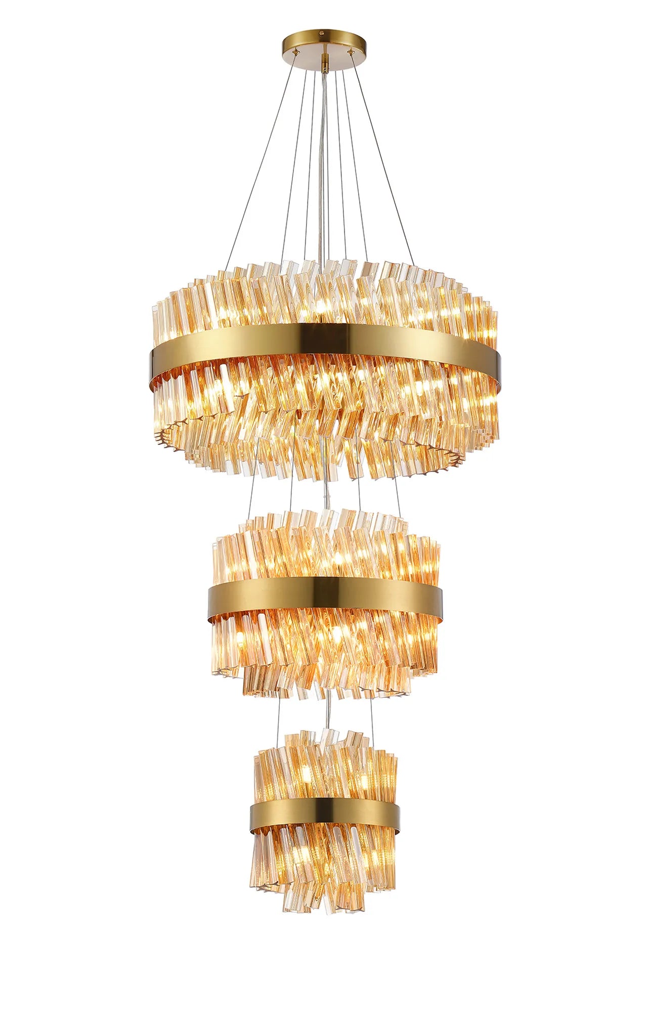 Farnley 3 Tier 60cm Pendant 18 Light - Brass & Amber