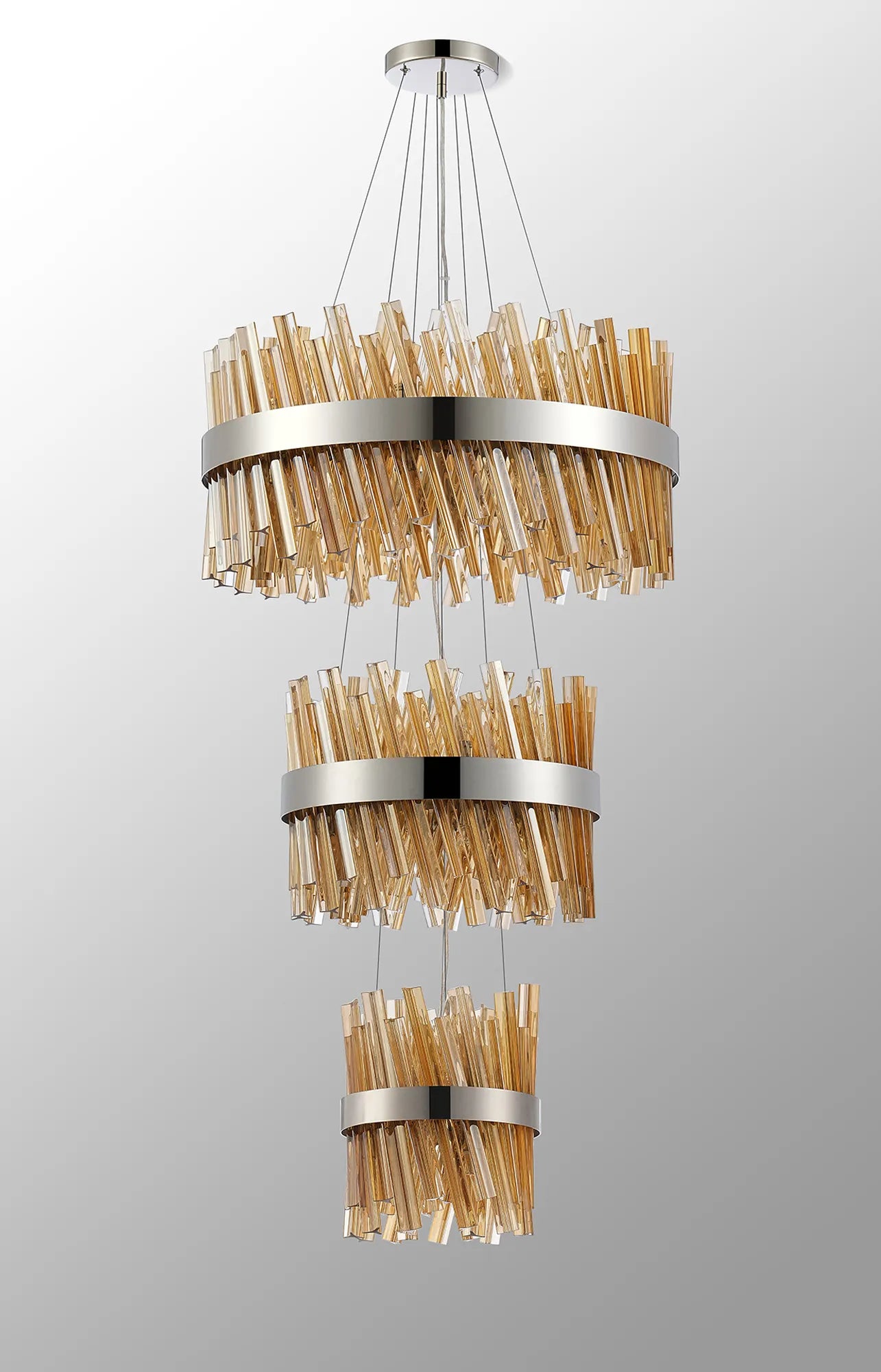 Farnley 3 Tier 60cm Pendant 18 Light - Polished Nickel & Amber