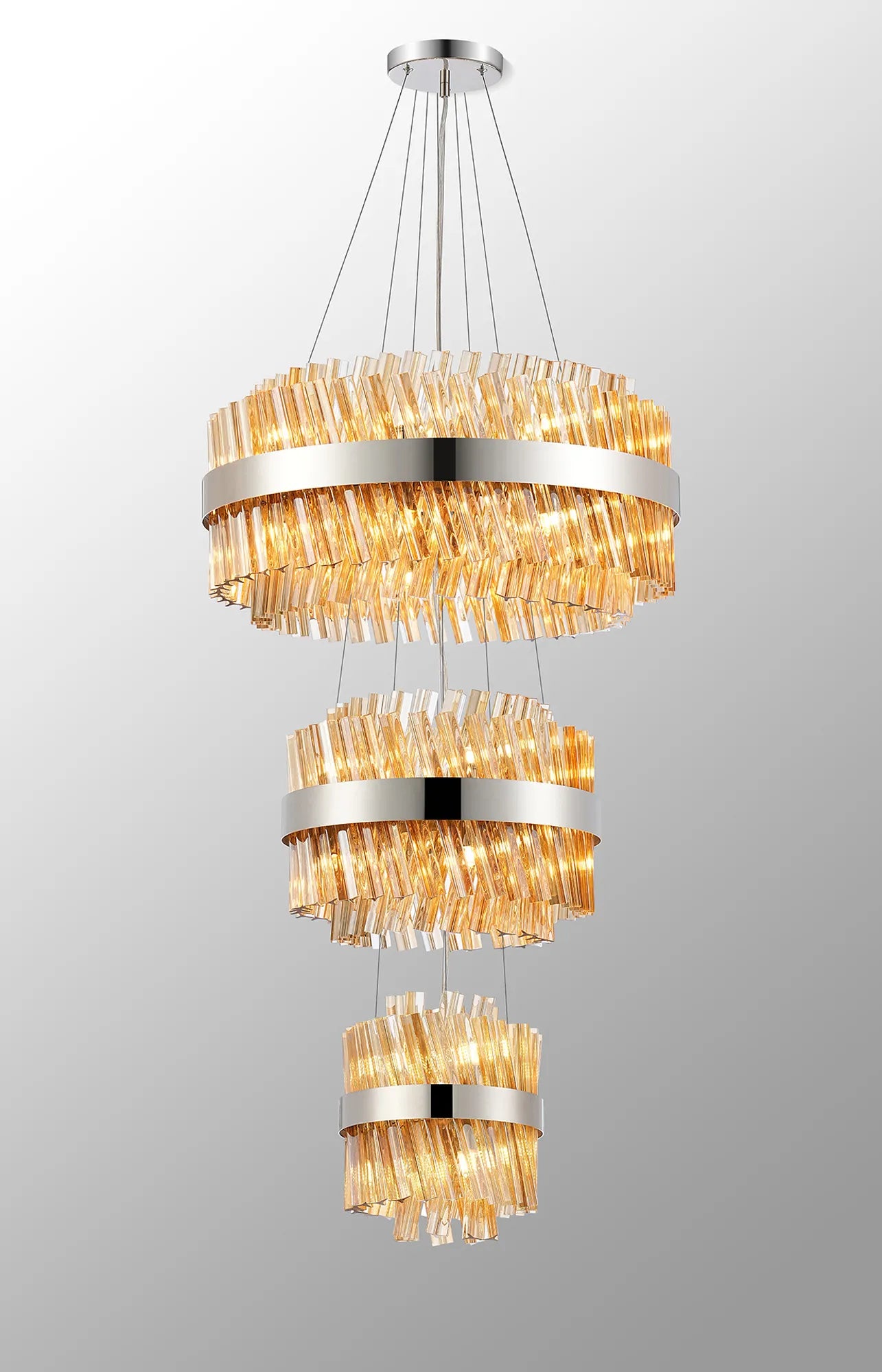 Farnley 3 Tier 60cm Pendant 18 Light - Polished Nickel & Amber