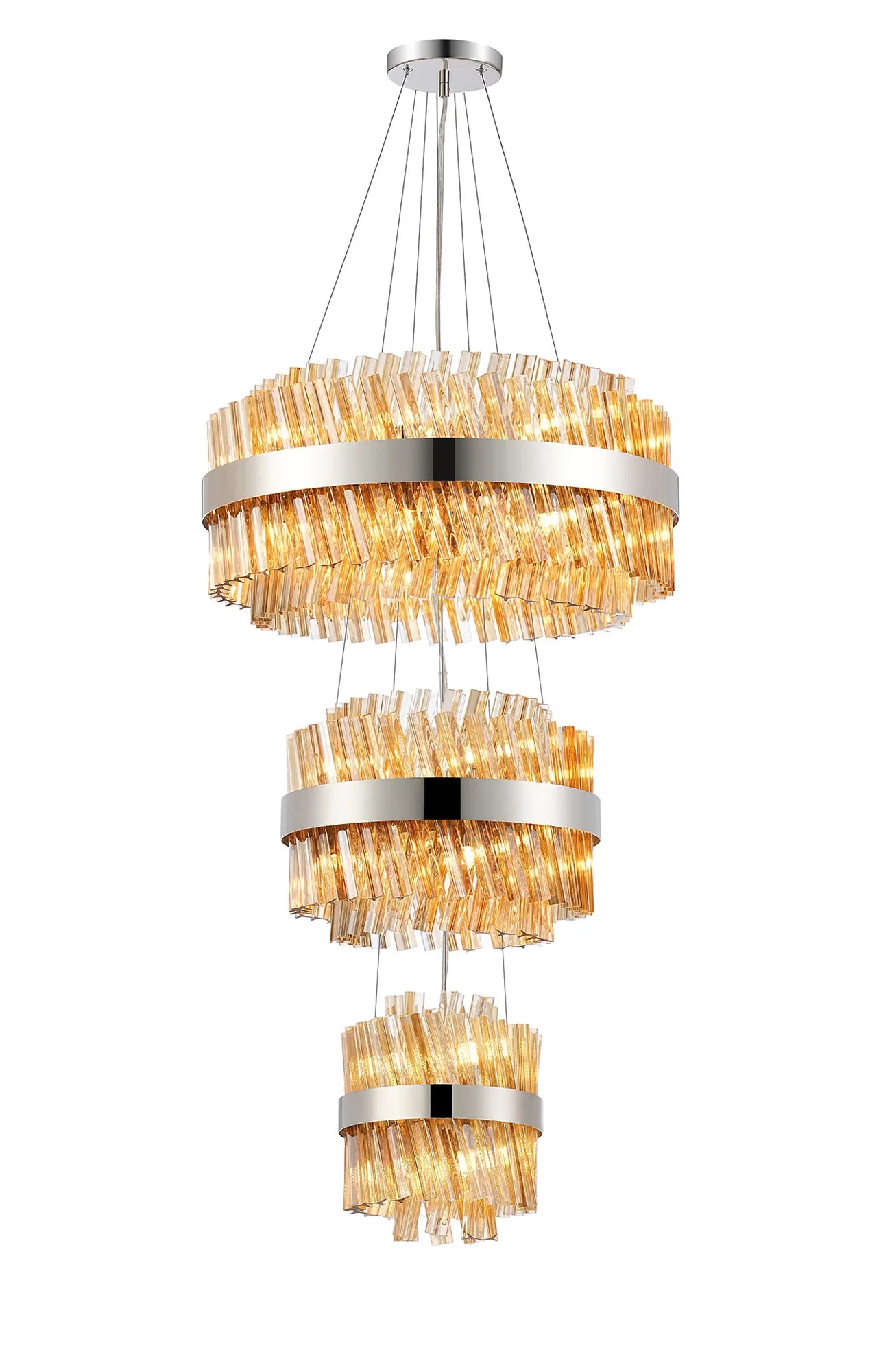 Farnley 3 Tier 60cm Pendant 18 Light - Polished Nickel & Amber