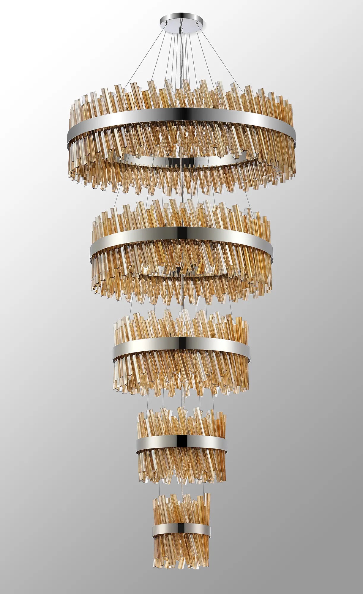 Farnley 5 Tier 1m Pendant 32 Light - Polished Nickel & Amber