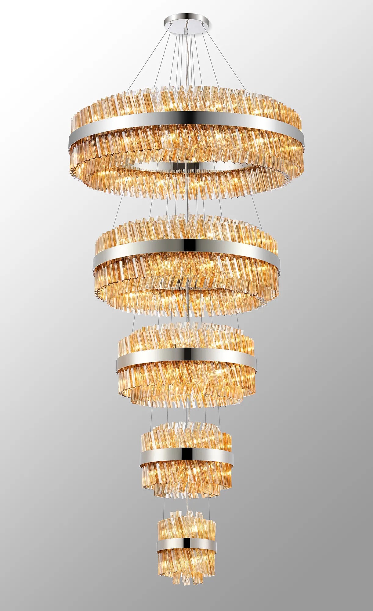 Farnley 5 Tier 1m Pendant 32 Light - Polished Nickel & Amber