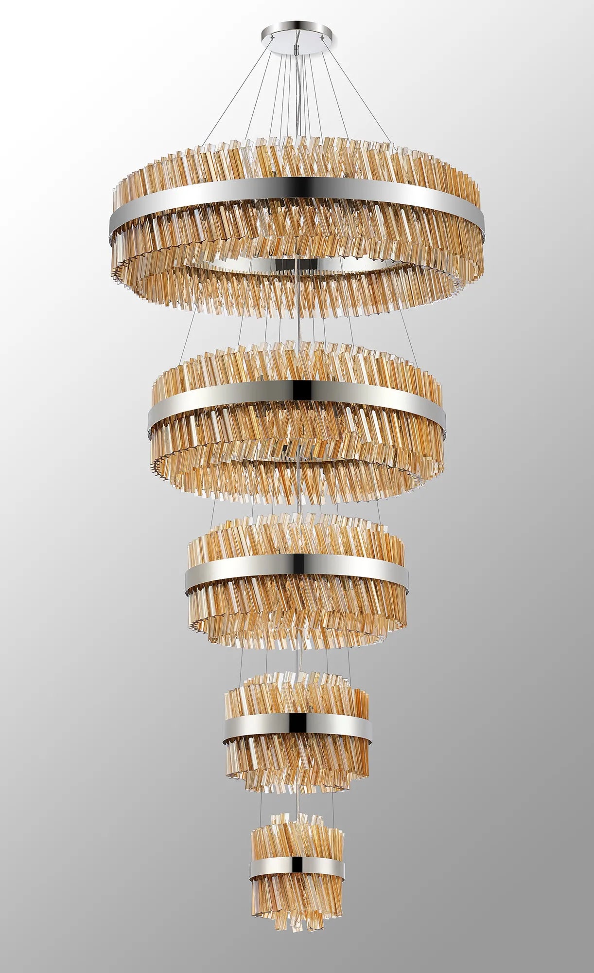 Farnley 5 Tier 1m Pendant 32 Light - Polished Nickel & Amber