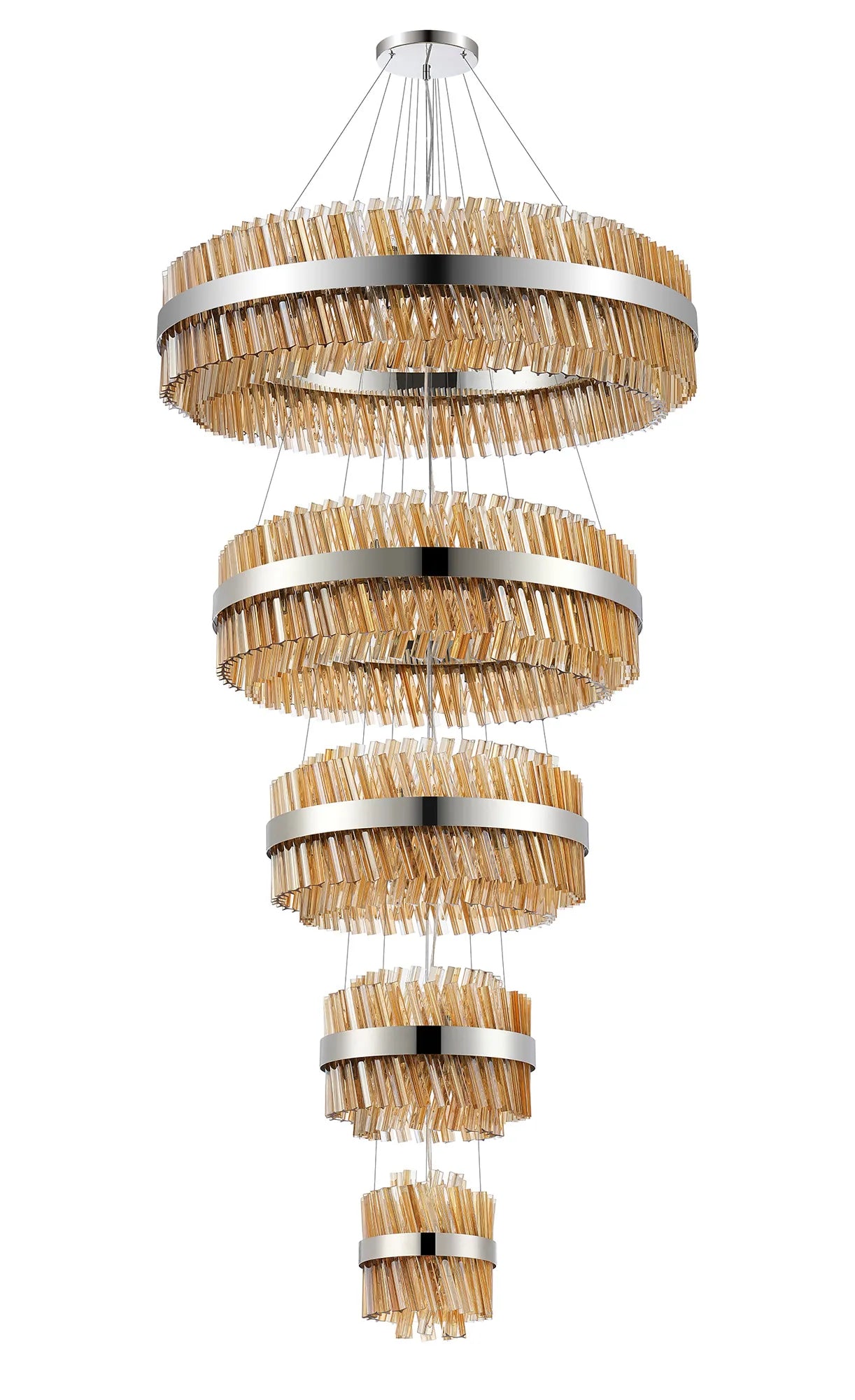 Farnley 5 Tier 1m Pendant 32 Light - Polished Nickel & Amber