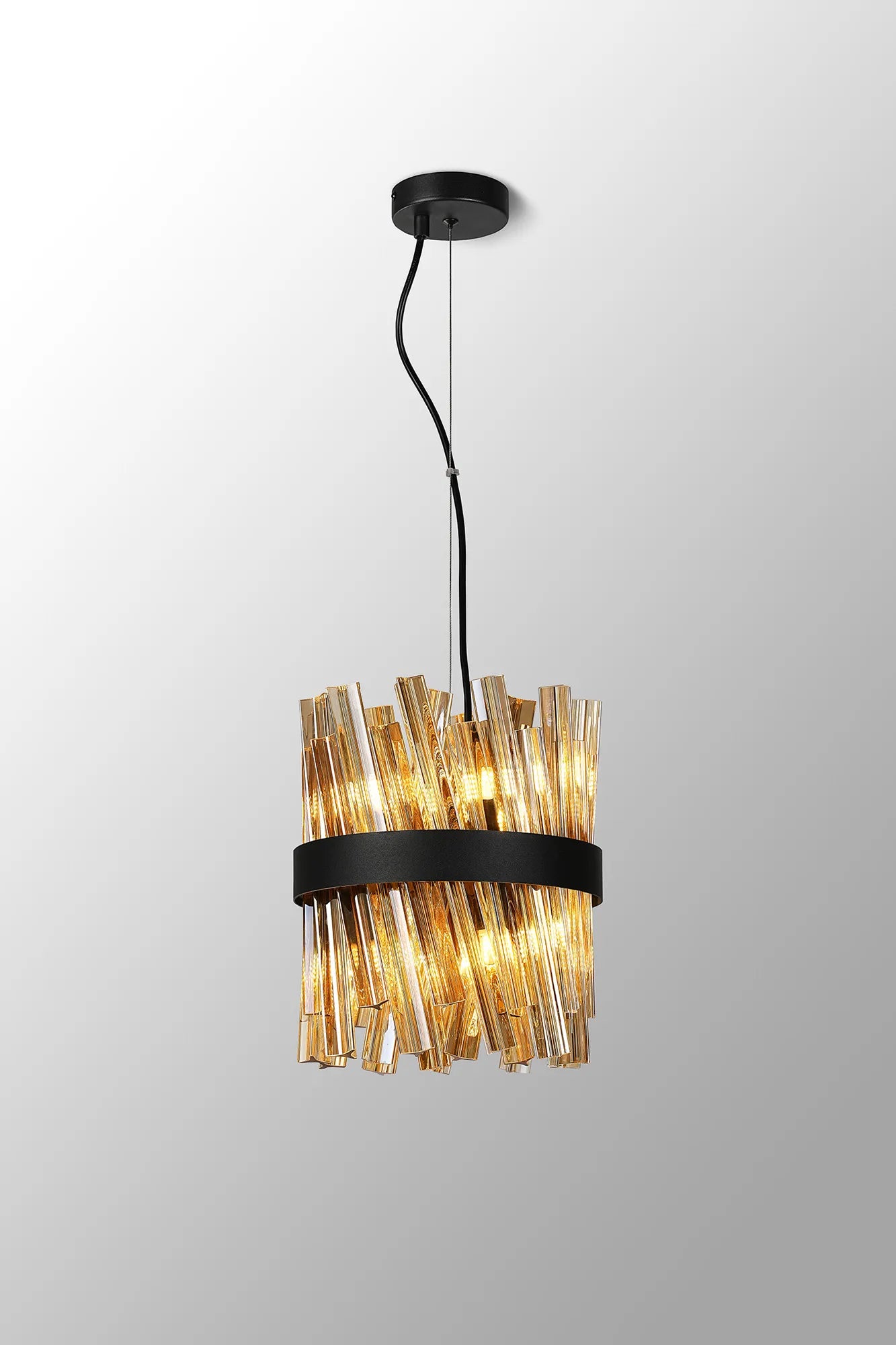 Farnley Pendant Round 6 Light - Satin Black & Amber Sculpted Glass