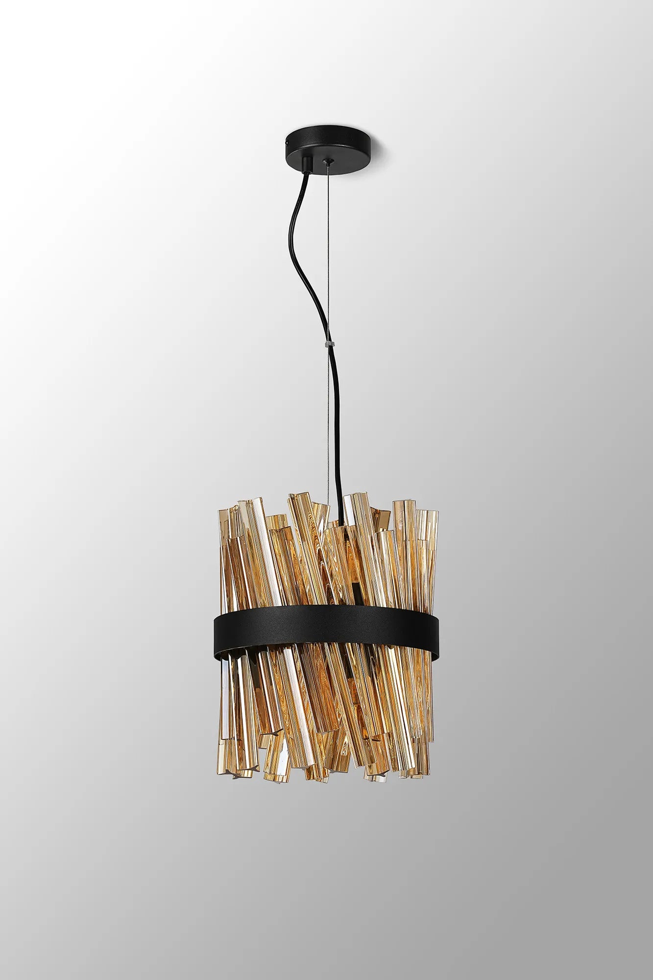 Farnley Pendant Round 6 Light - Satin Black & Amber Sculpted Glass