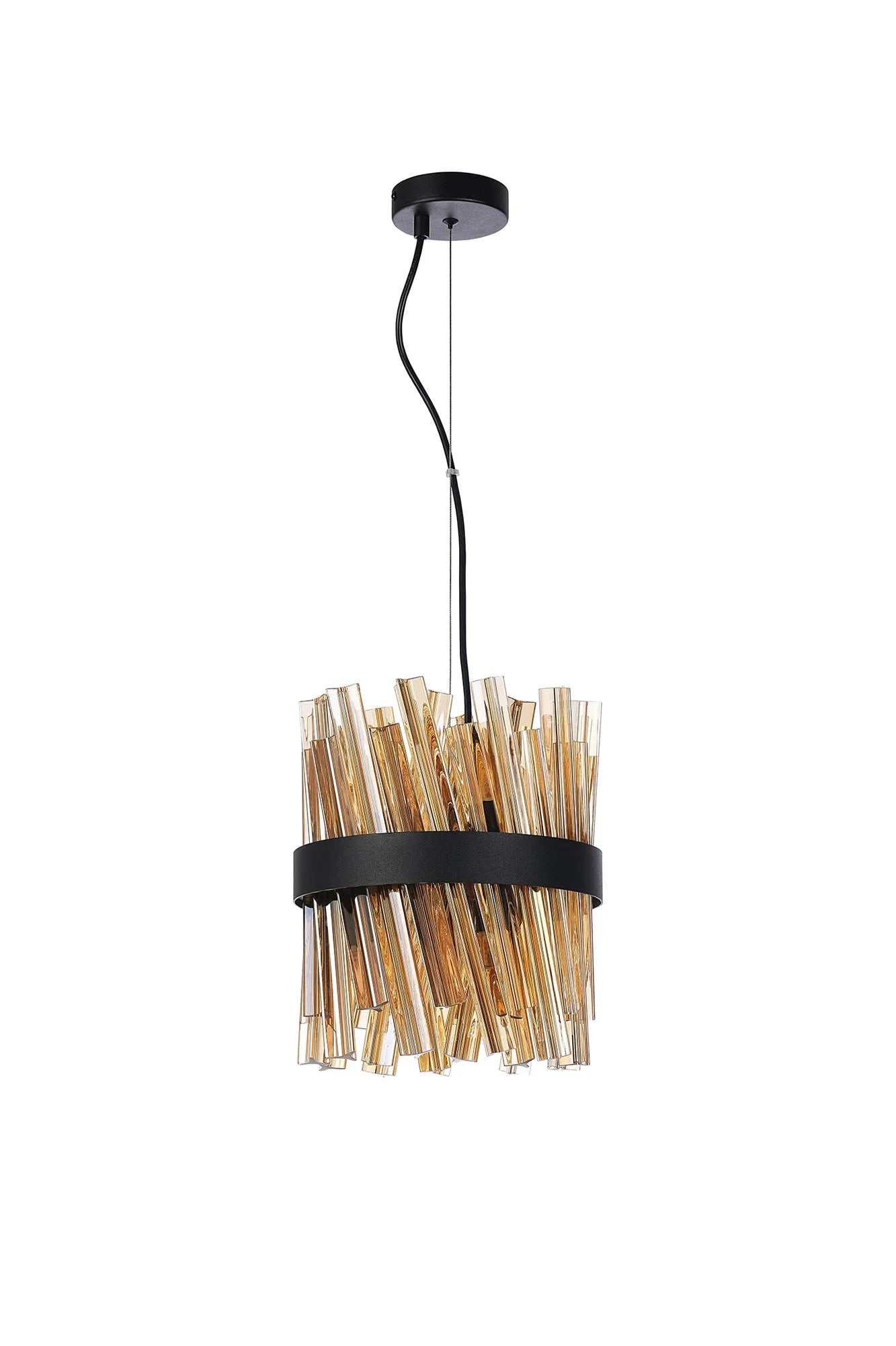 Farnley Pendant Round 6 Light - Satin Black & Amber Sculpted Glass
