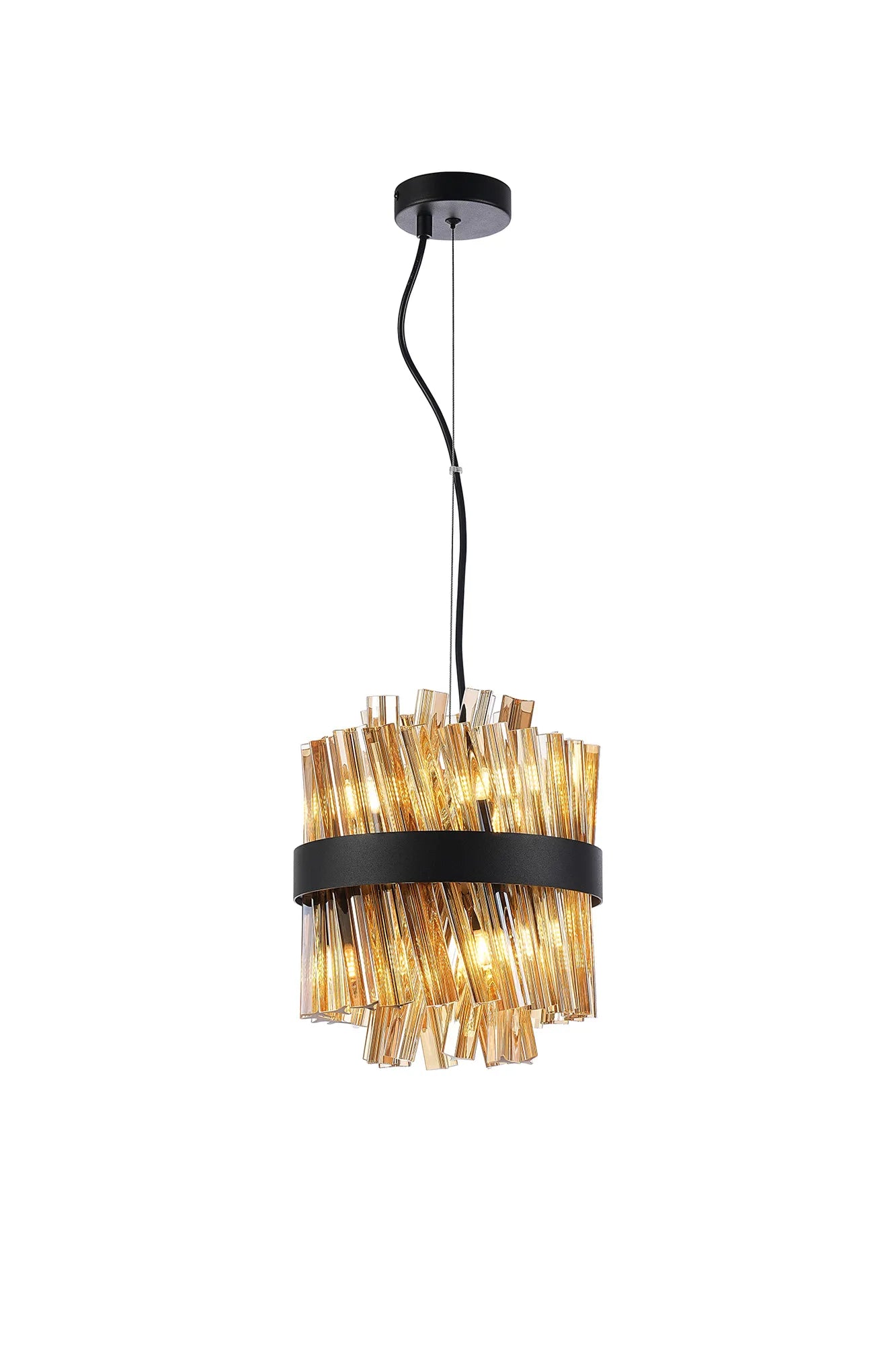Farnley Pendant Round 6 Light - Satin Black & Amber Sculpted Glass