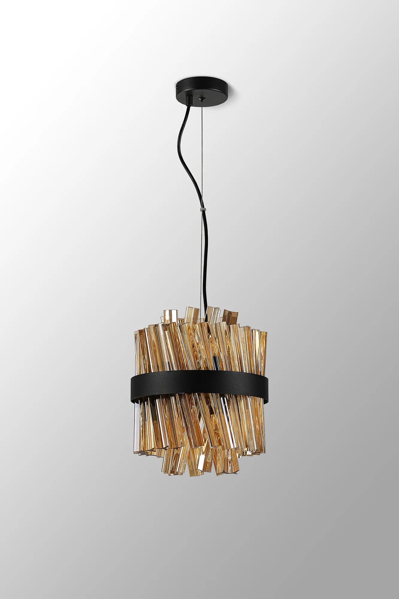 Farnley Pendant Round 6 Light - Satin Black & Amber Sculpted Glass