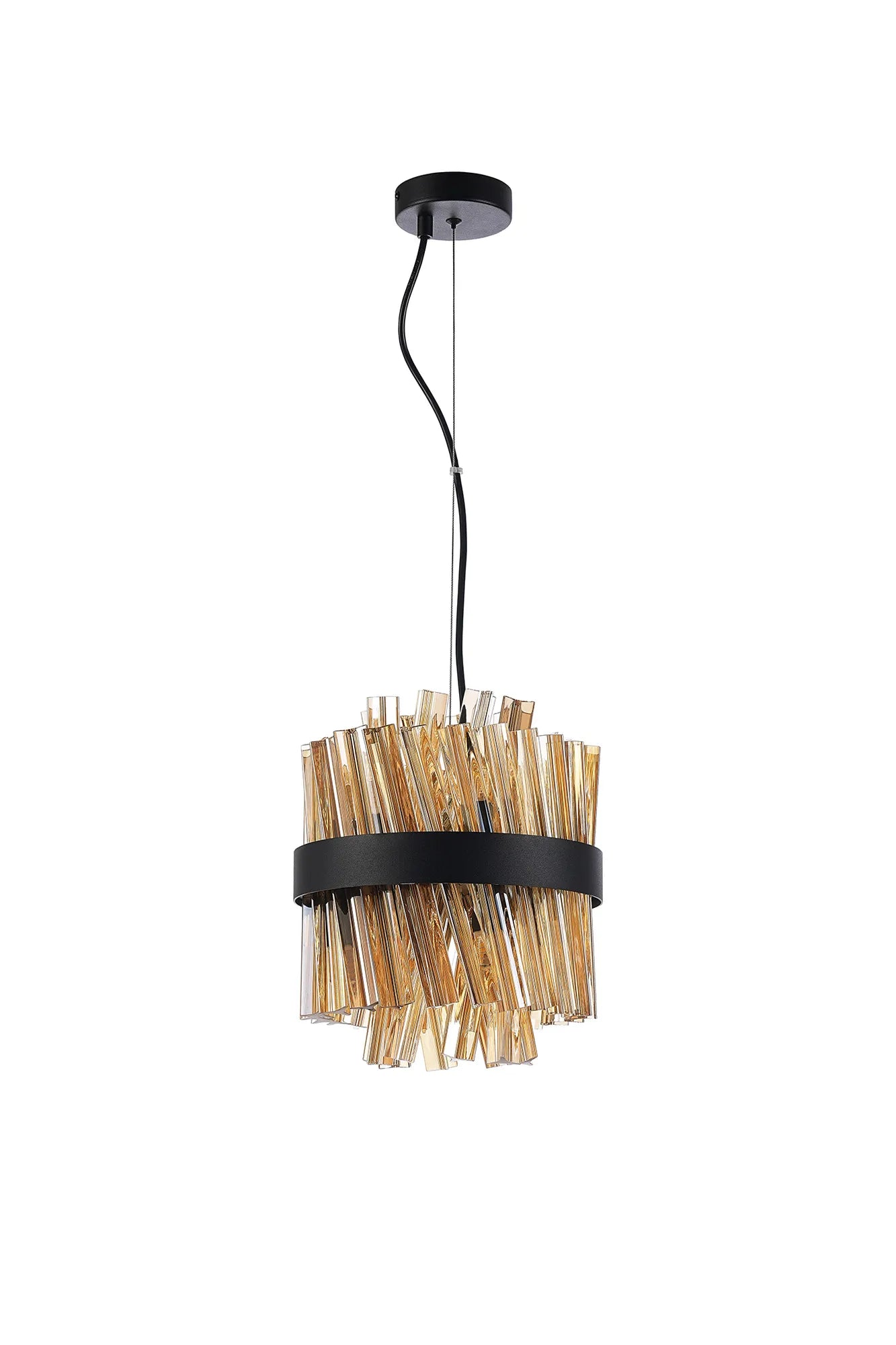 Farnley Pendant Round 6 Light - Satin Black & Amber Sculpted Glass