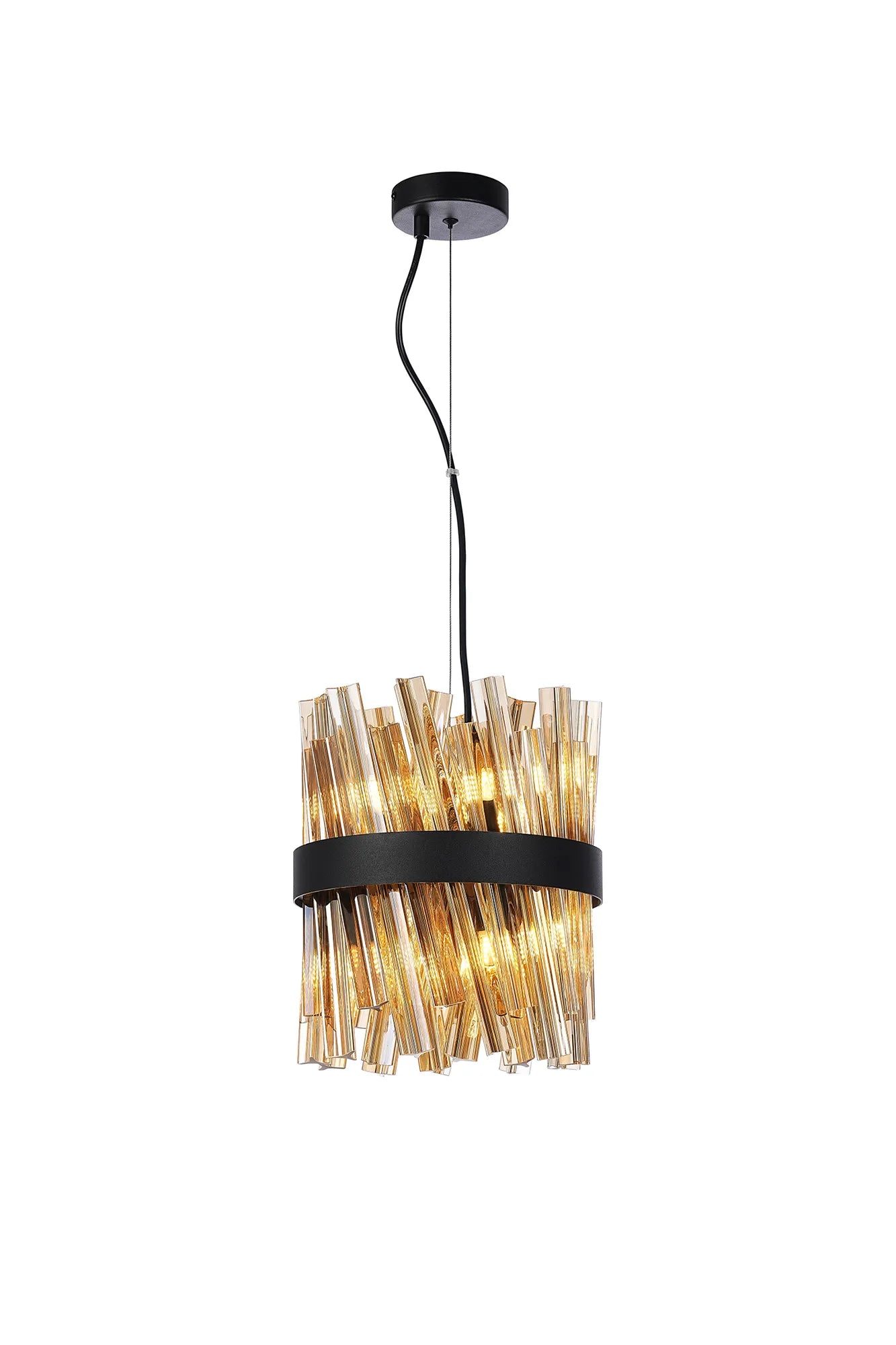 Farnley Pendant Round 6 Light - Satin Black & Amber Sculpted Glass