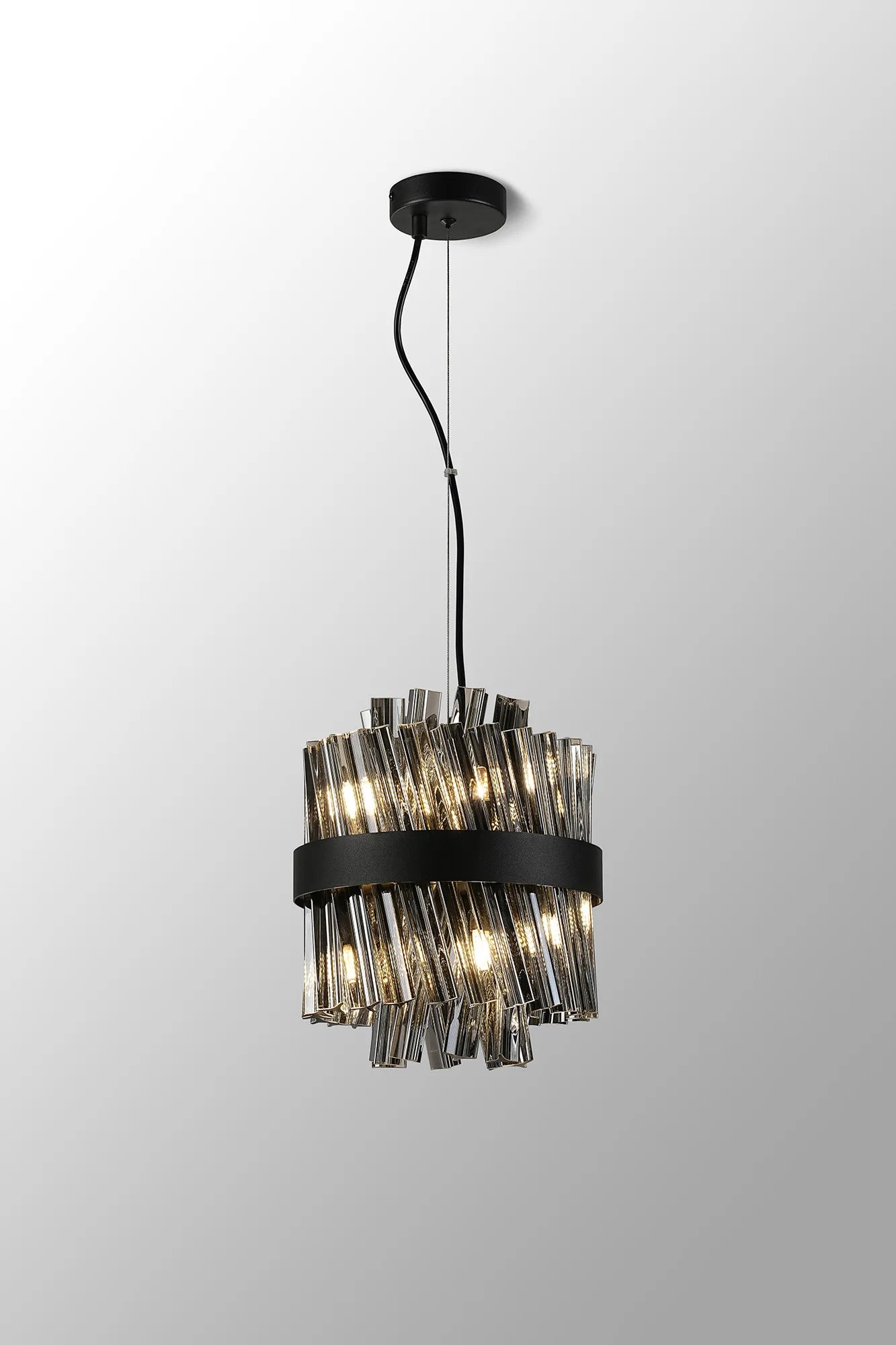 Farnley Pendant Round 6 Light - Satin Black & Smoke Sculpted Glass