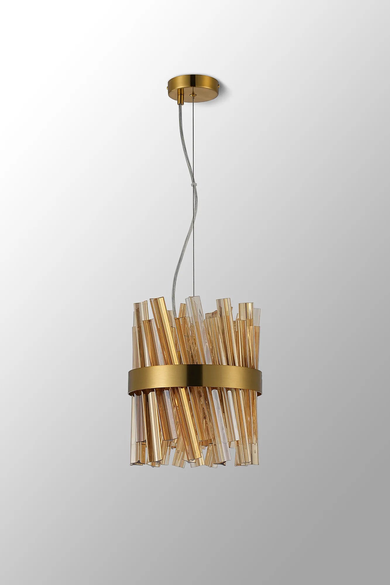 Farnley Pendant Round 6 Light - Brass & Amber Sculpted Glass