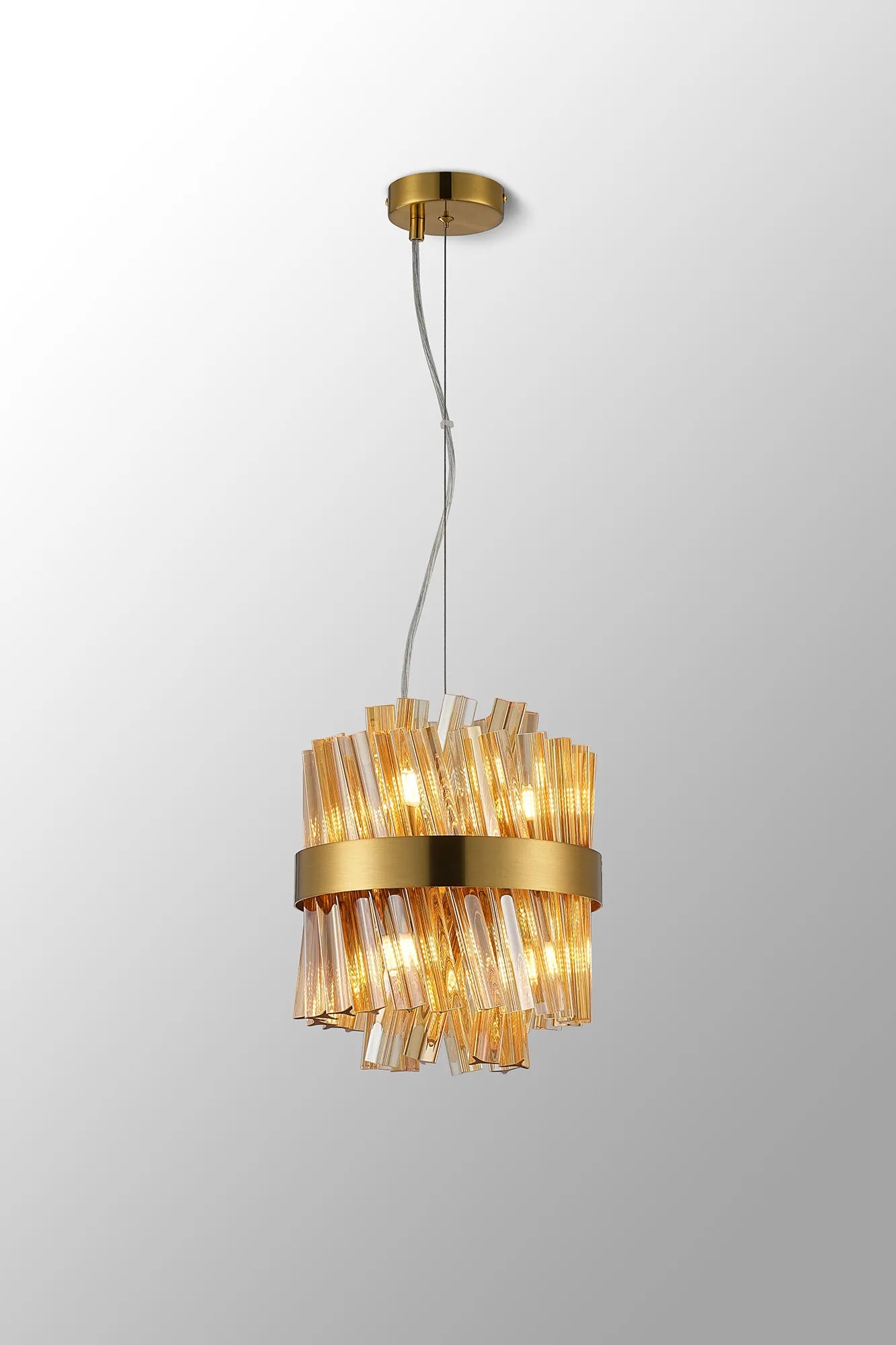 Farnley Pendant Round 6 Light - Brass & Amber Sculpted Glass