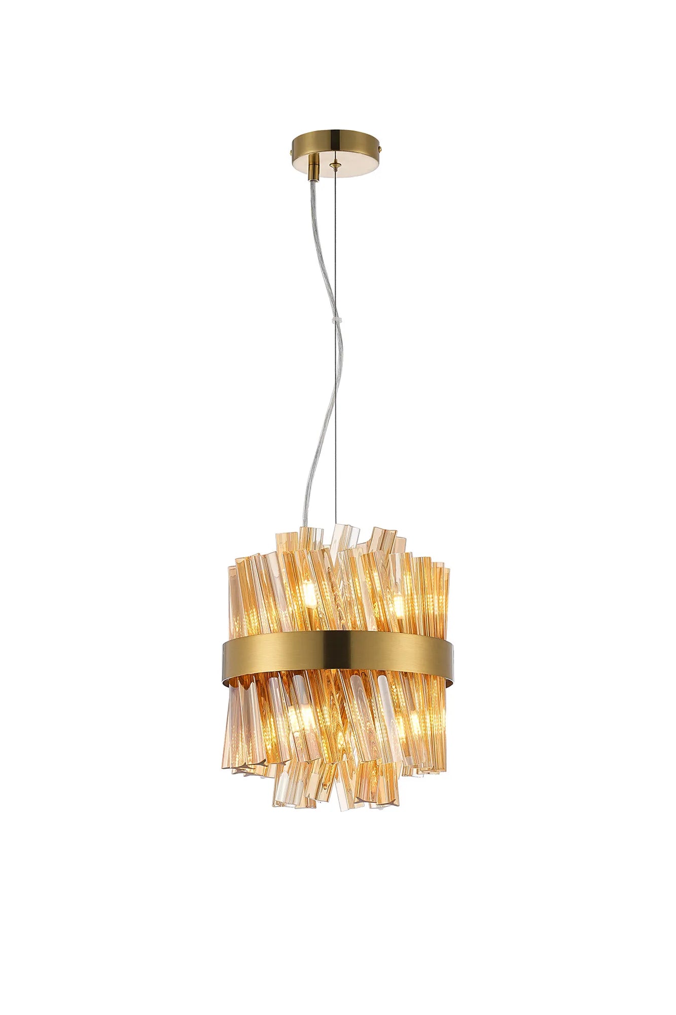 Farnley Pendant Round 6 Light - Brass & Amber Sculpted Glass
